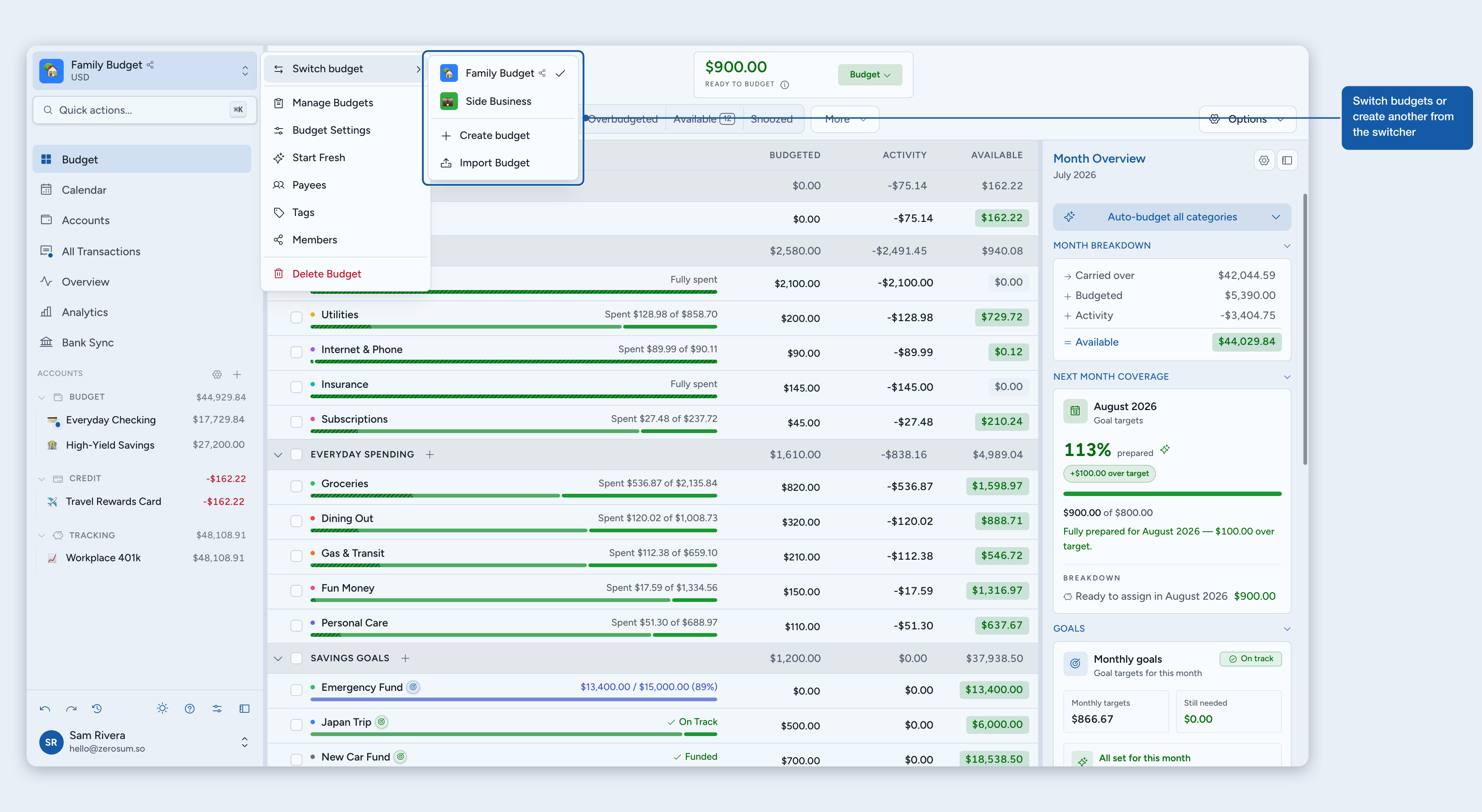 The budget switcher in the sidebar, where you add and switch budgets