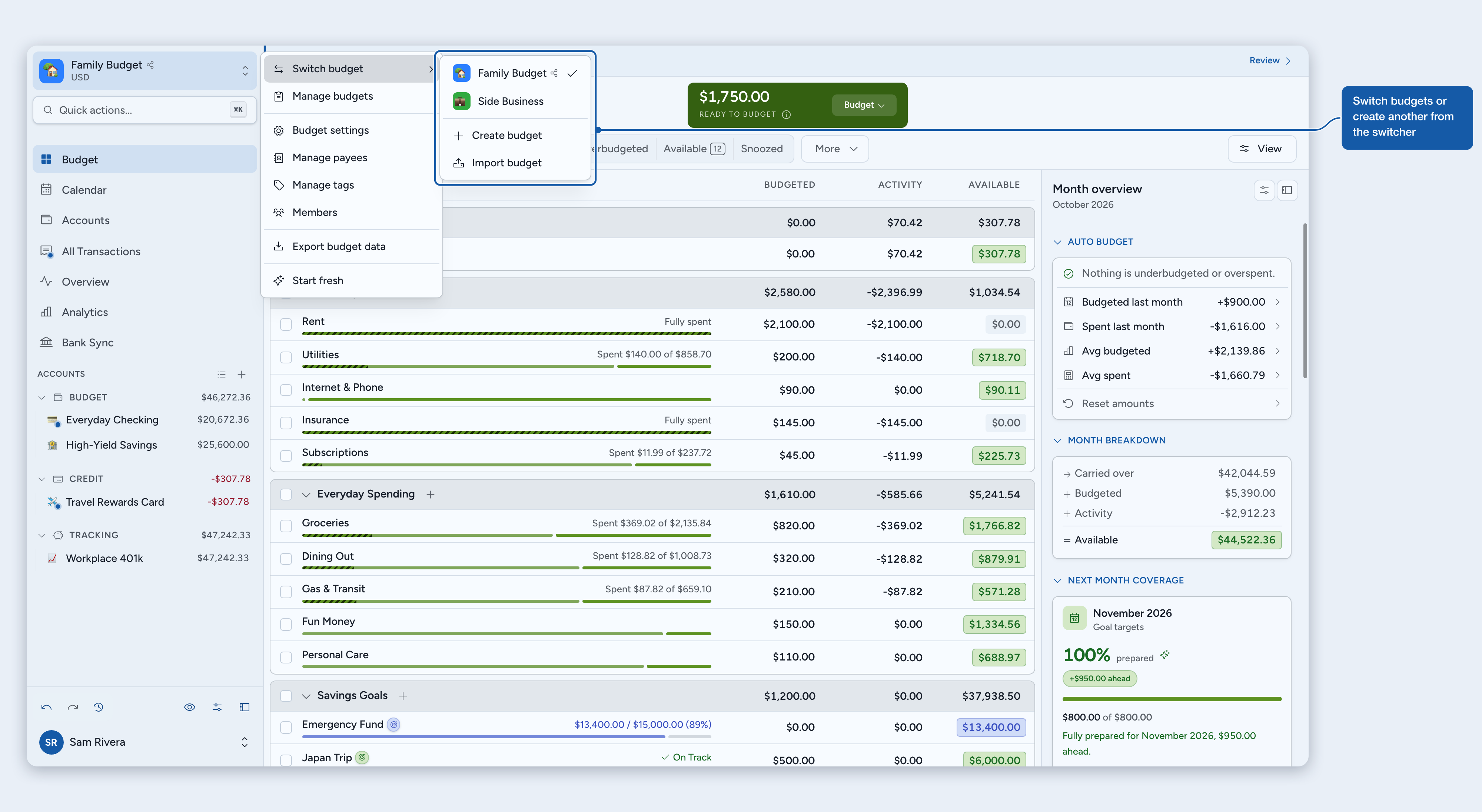 The budget menu with Switch budget open, listing your budgets with Create budget and Import budget below them