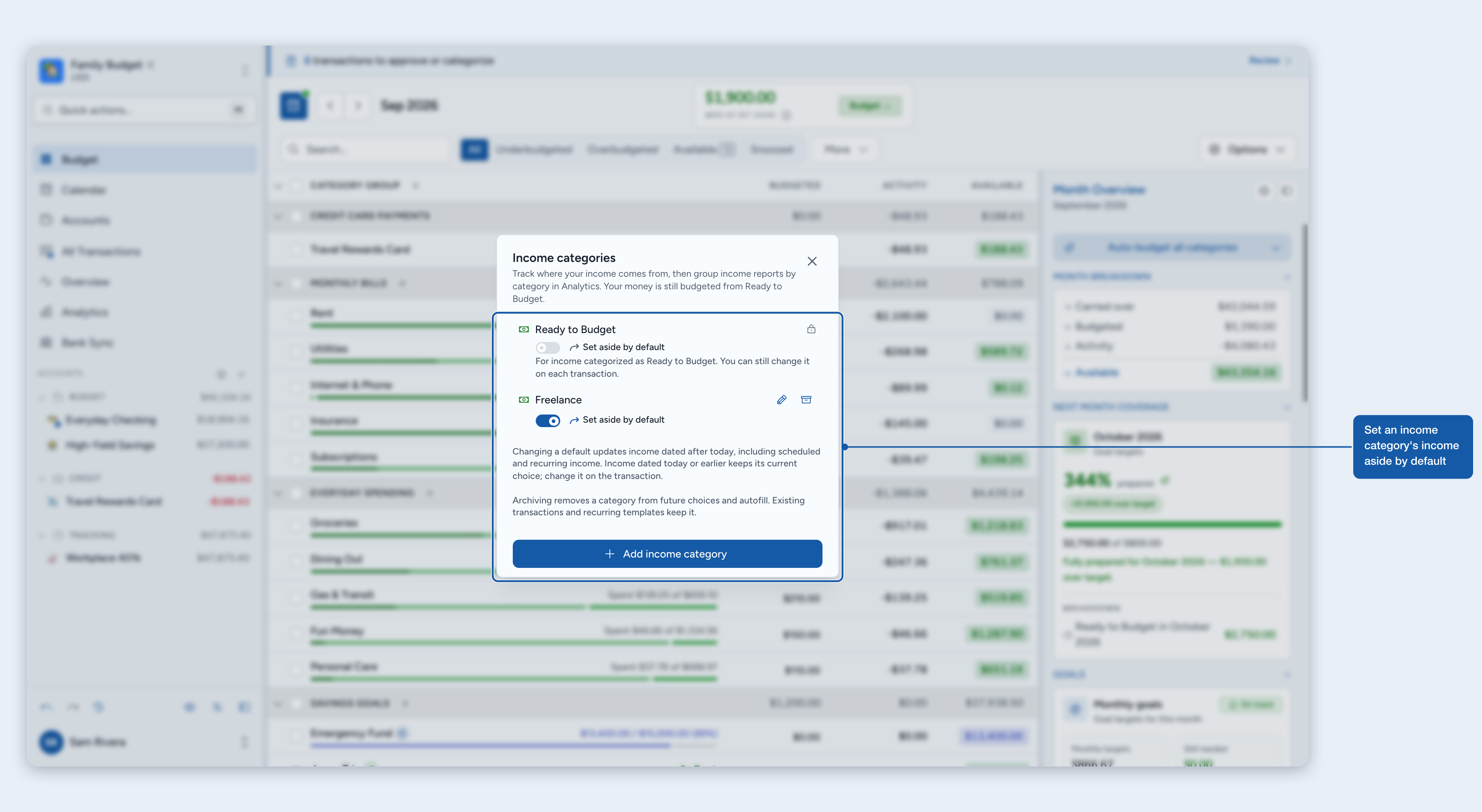 Set aside by default on an income category