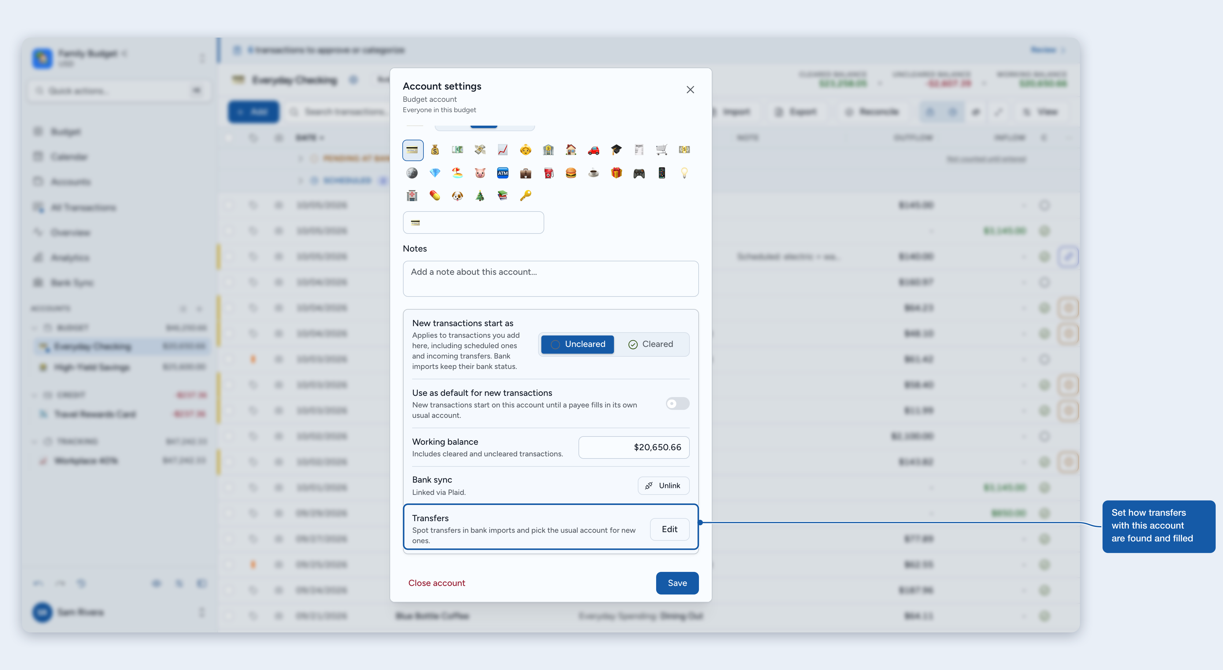 Account settings for a budget account, with the Transfers row and its Edit button highlighted