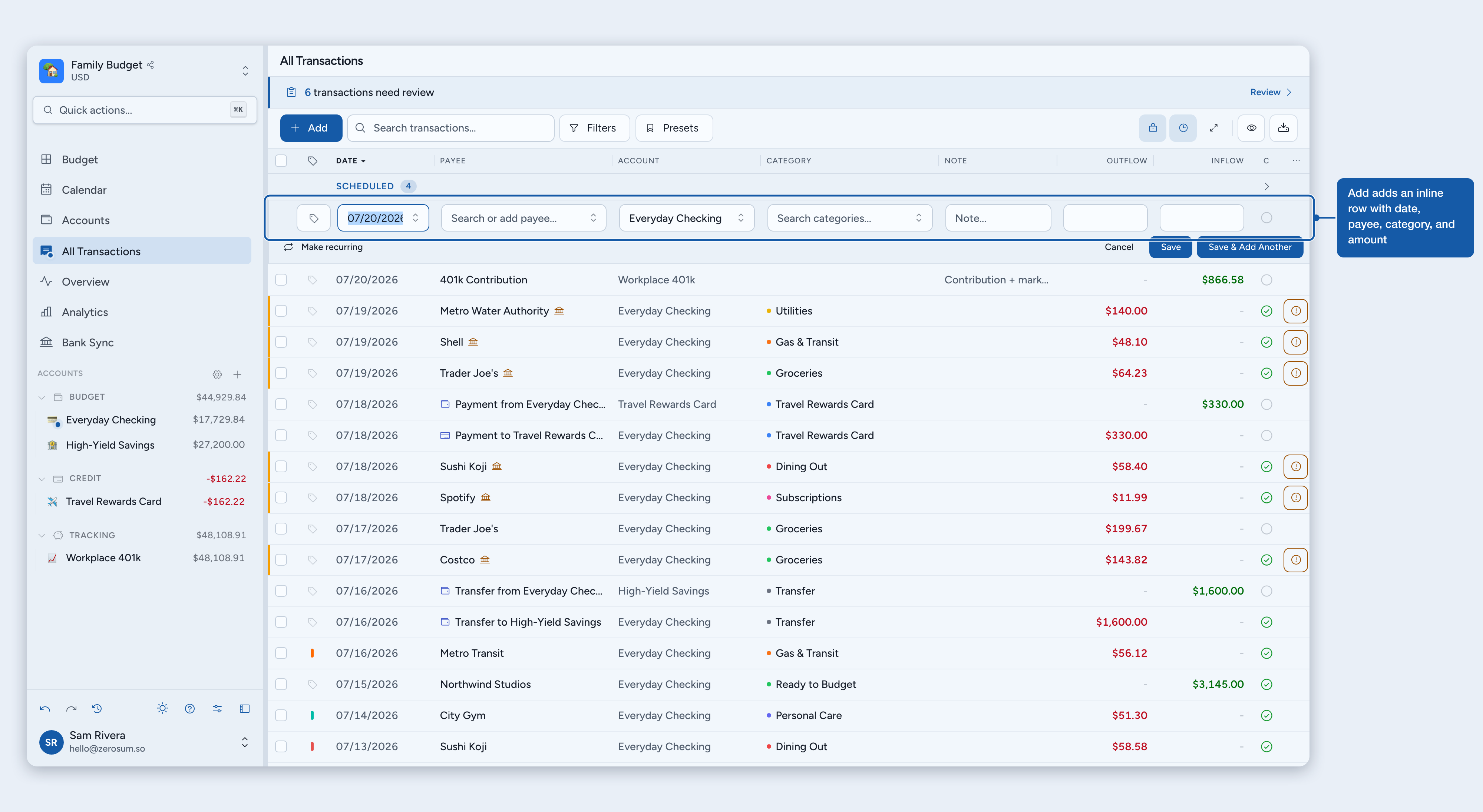 The inline add-transaction row with date, payee, category, and amount fields