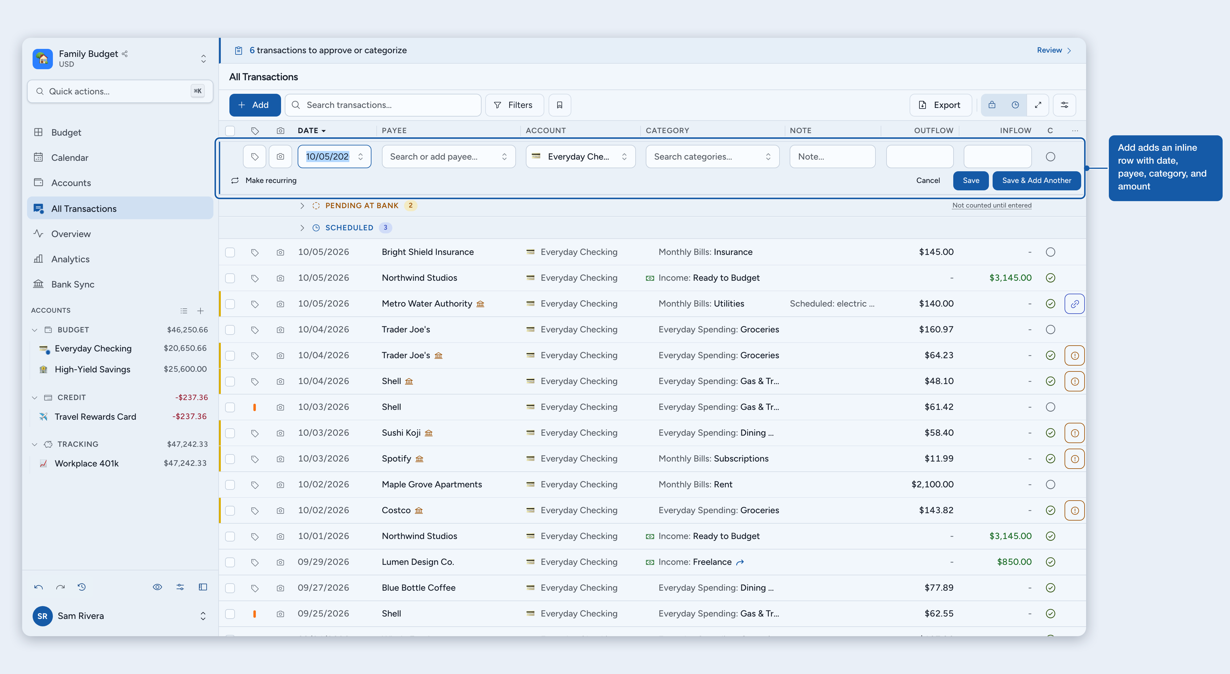 The inline add-transaction row with date, payee, category, and amount fields