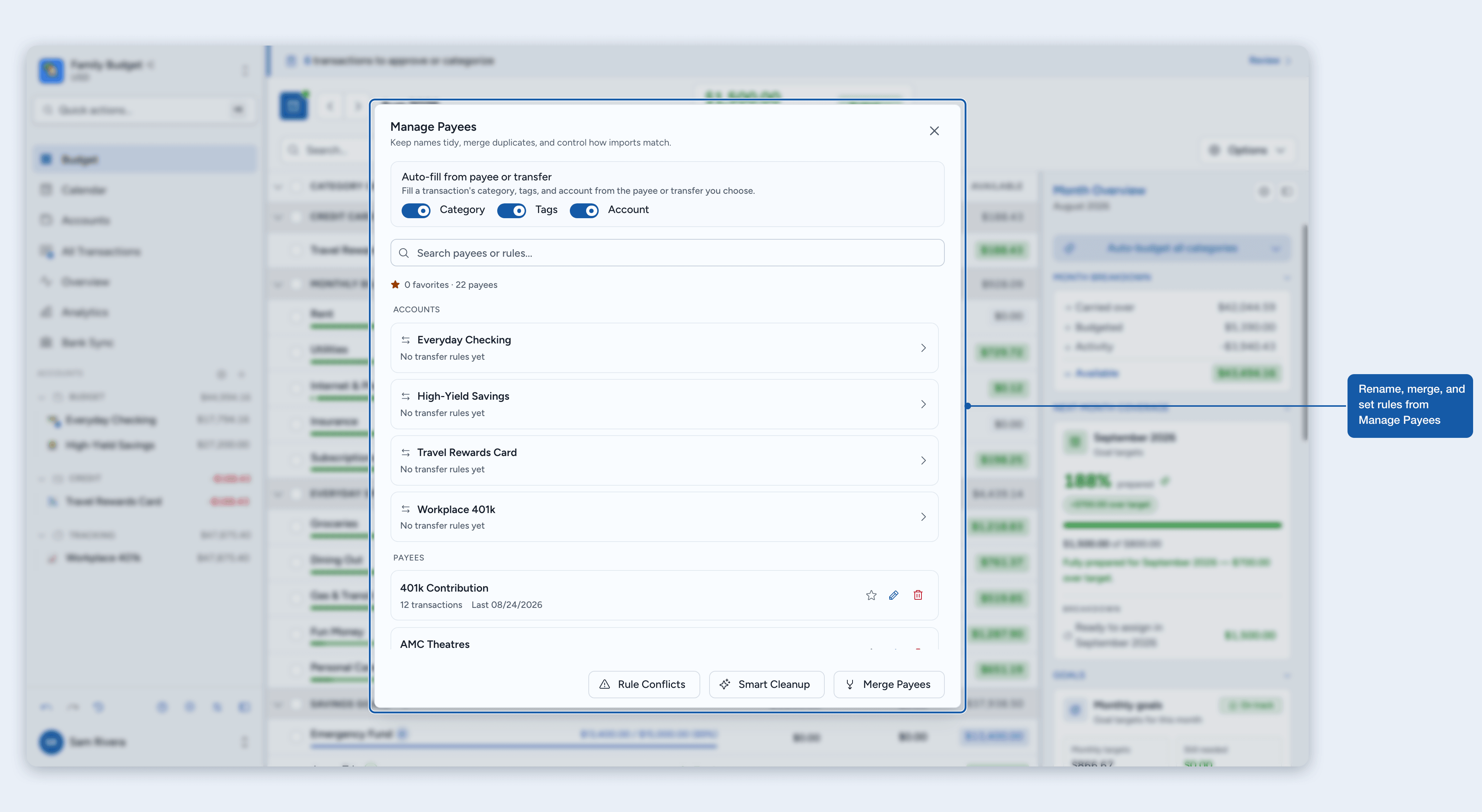 The Manage Payees dialog with autofill toggles, rules, and merge tools
