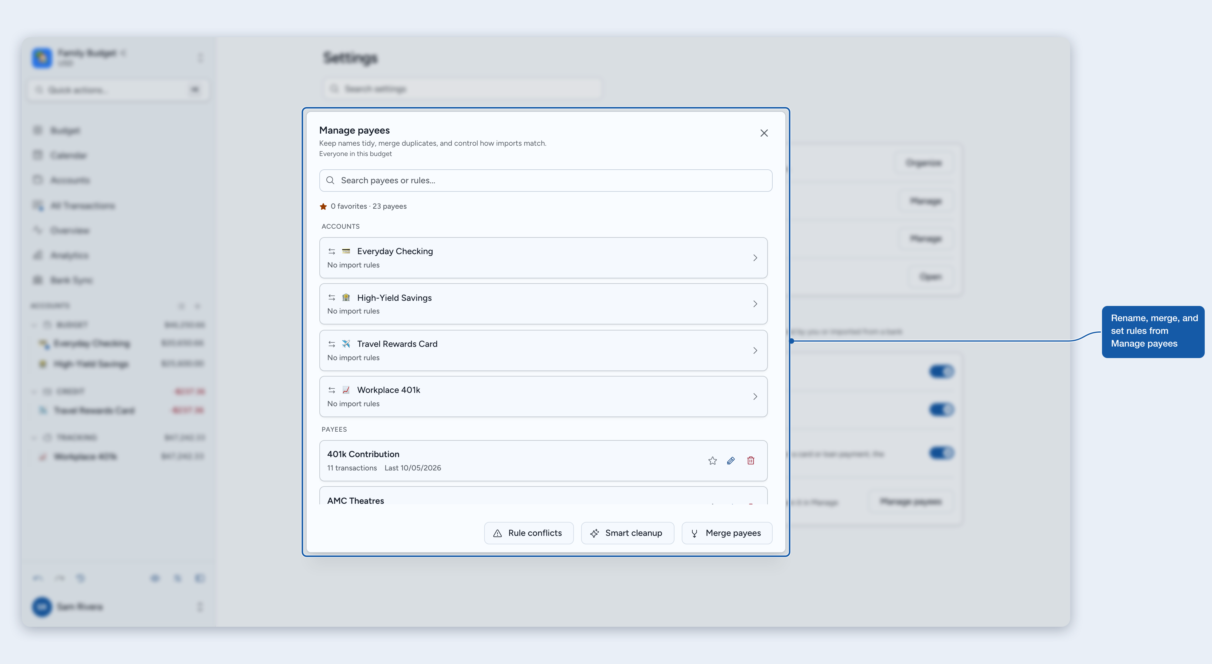 The Manage payees dialog with your accounts above the payee list, and Rule conflicts, Smart cleanup, and Merge payees at the bottom