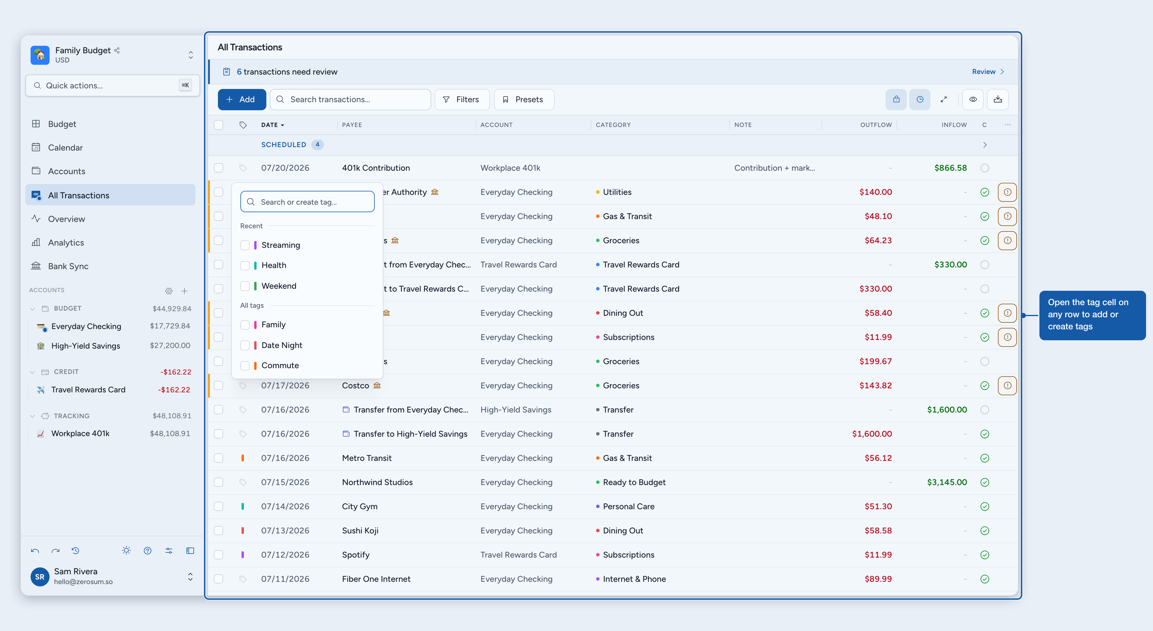 The tag picker on a desktop transaction row