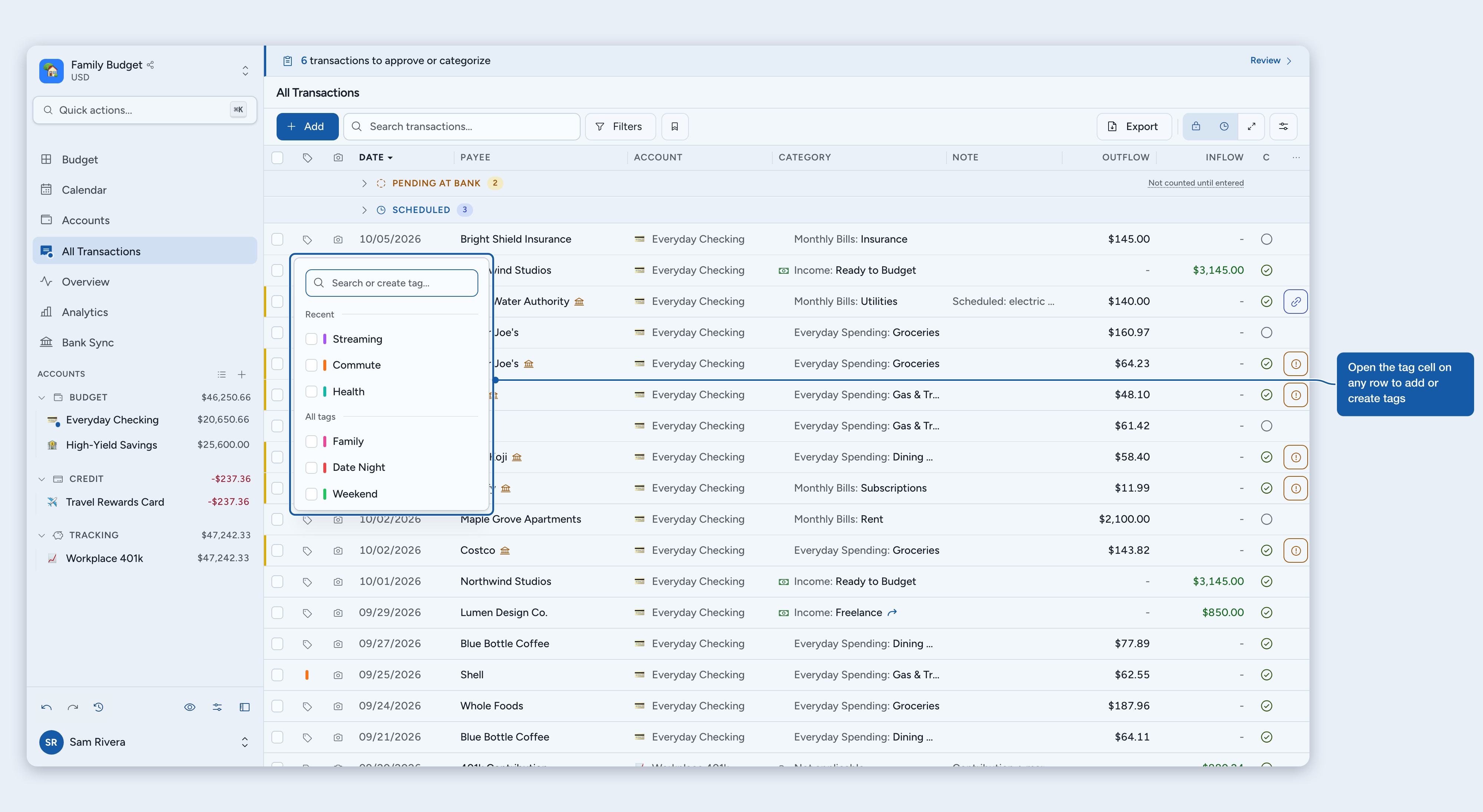 The tag picker on a desktop transaction row