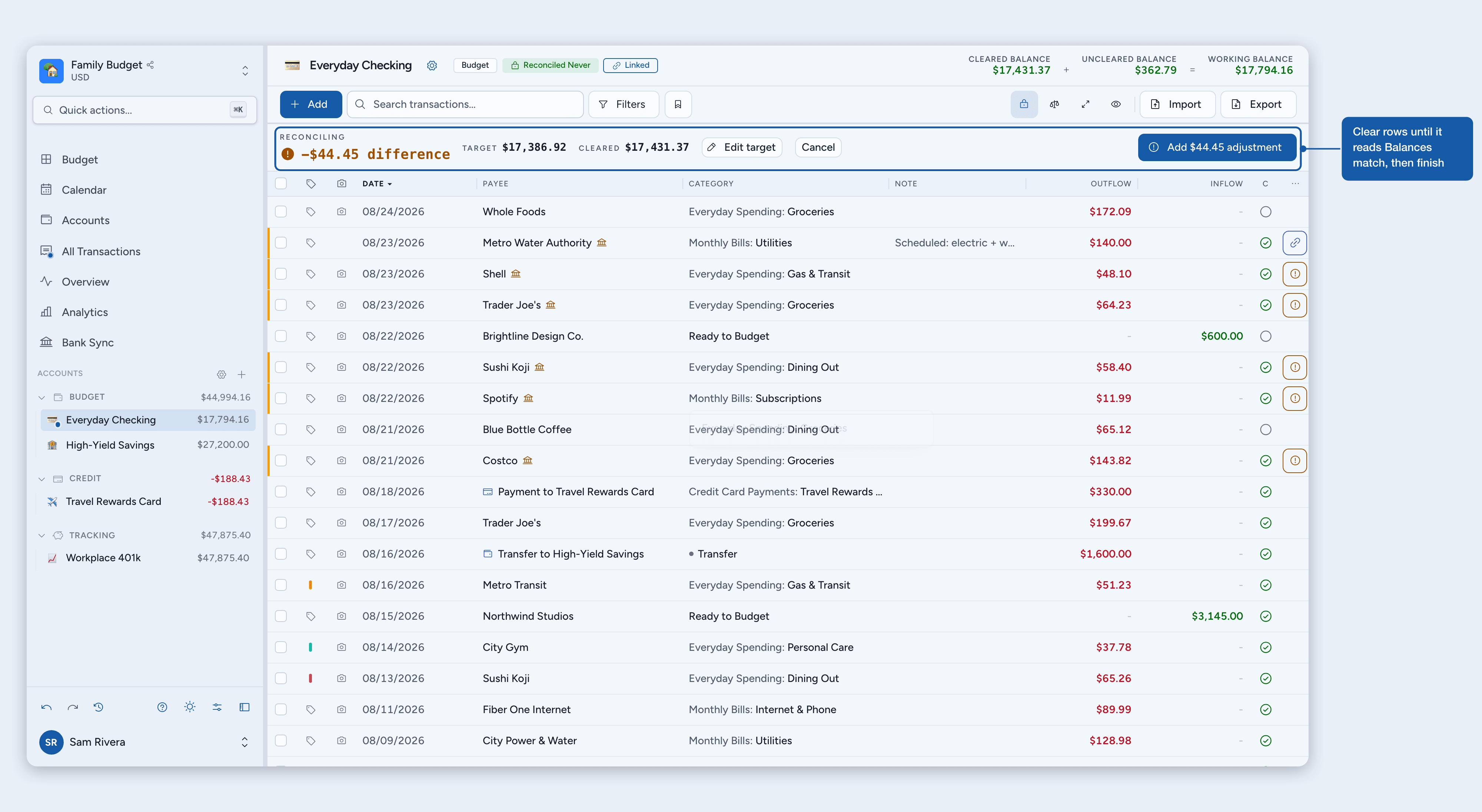 The reconciliation bar tracking the difference while you clear rows