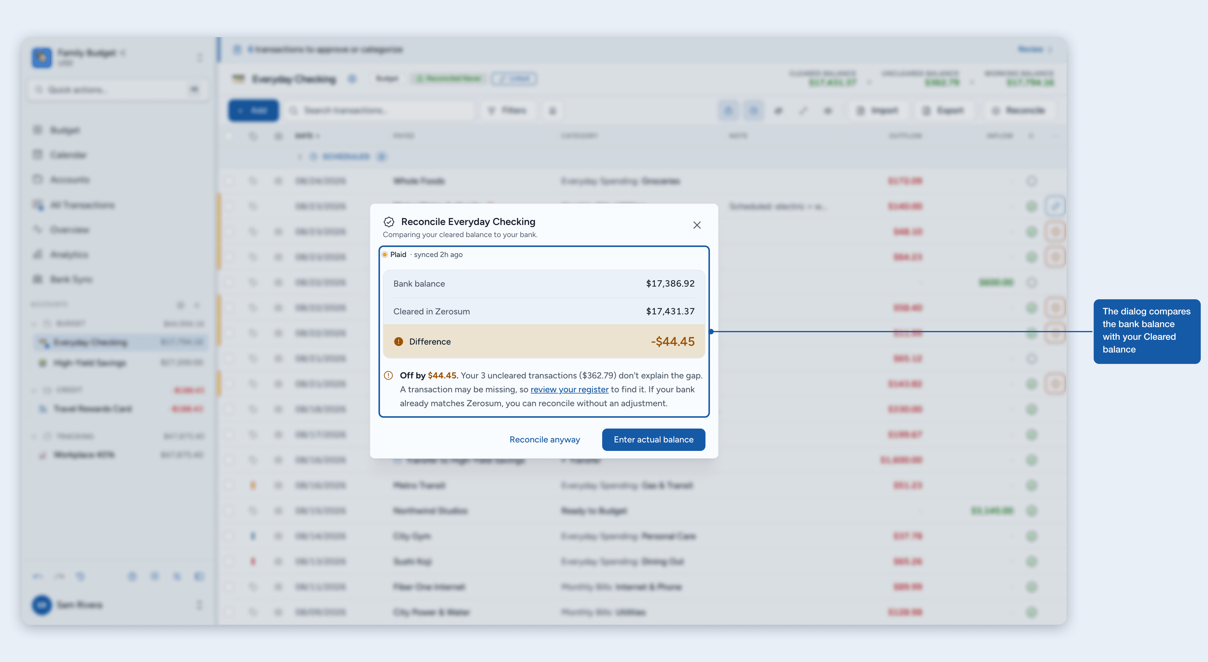 The reconcile dialog comparing the bank balance with the cleared balance