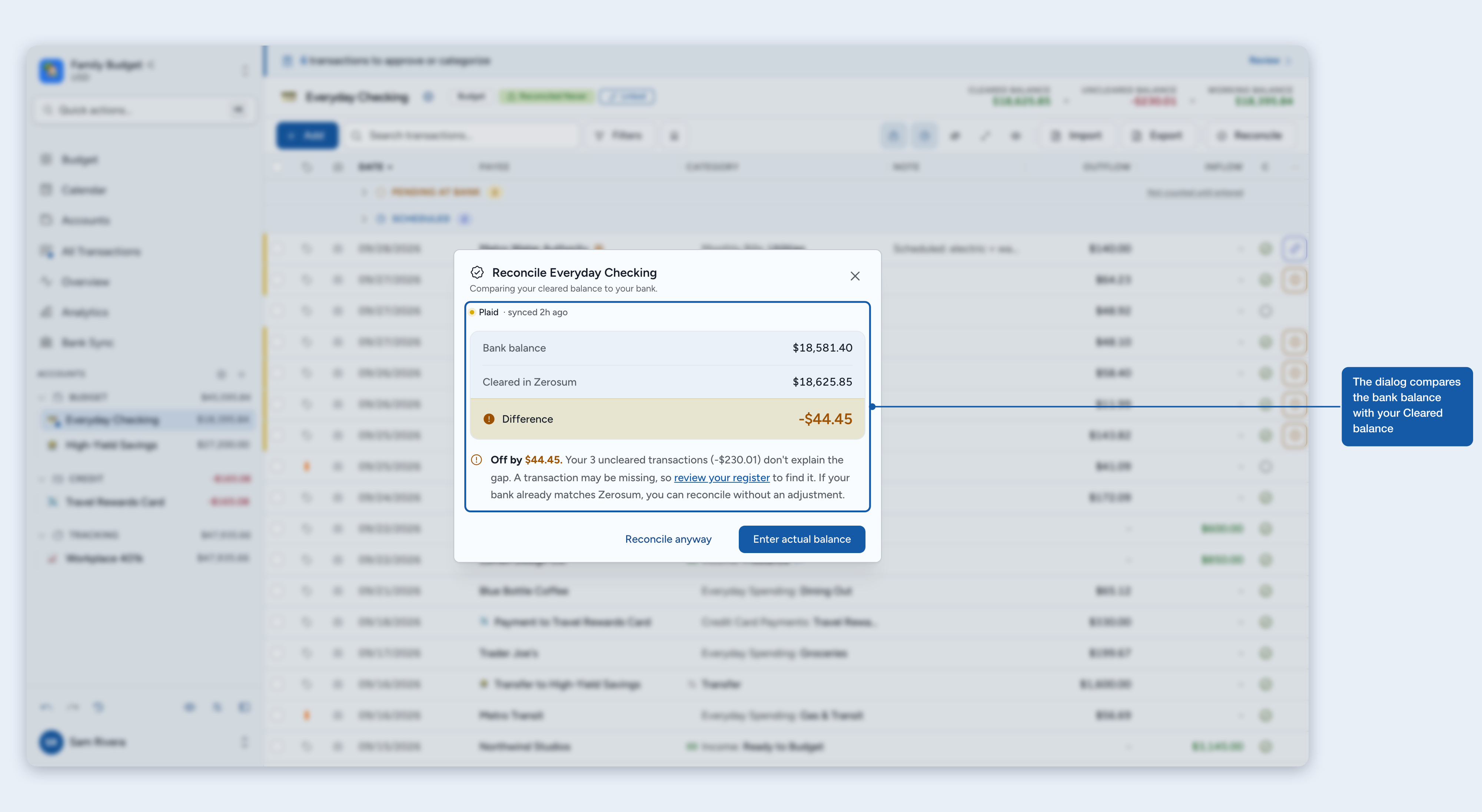 The reconcile dialog comparing the bank balance with the cleared balance