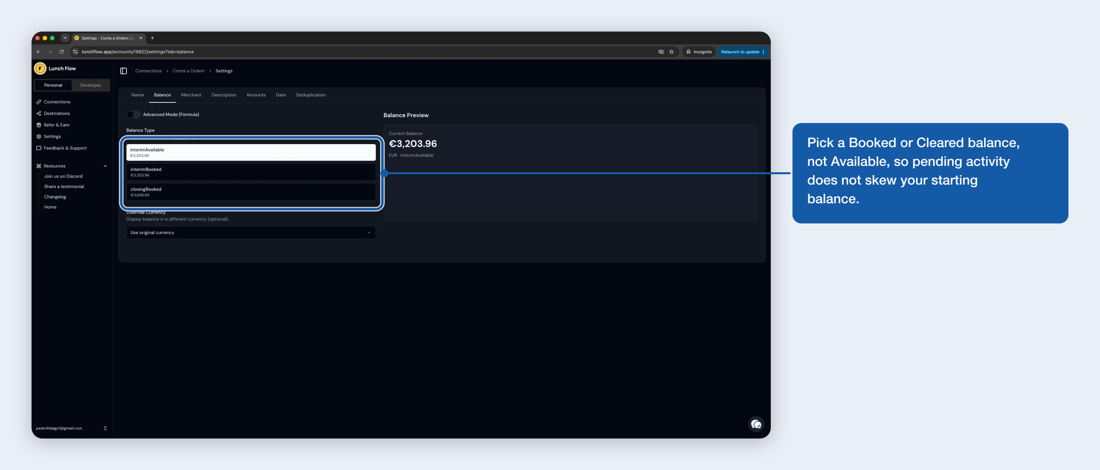 Choosing the account balance to sync in the Lunch Flow portal