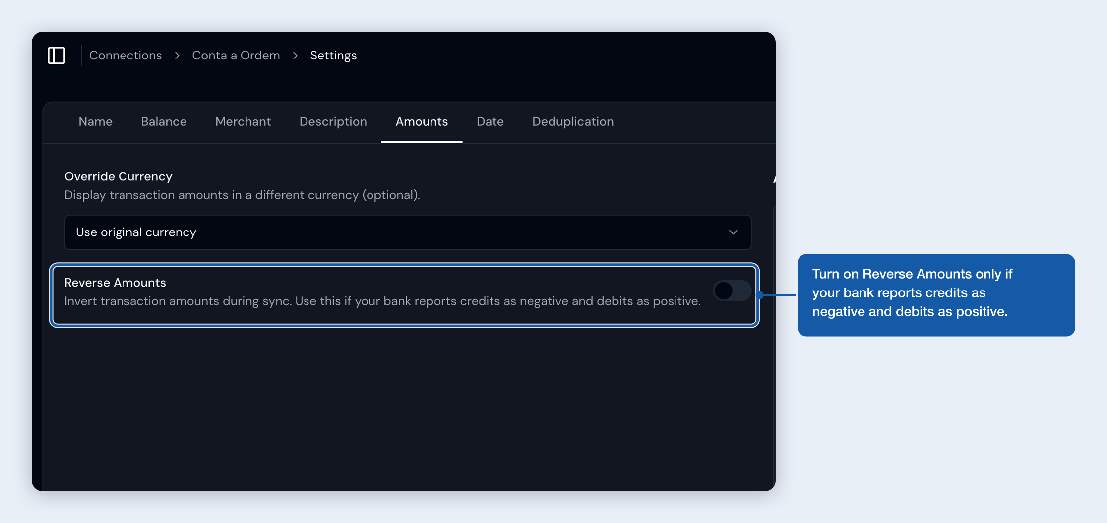The Reverse Amounts toggle in the Lunch Flow portal Amounts settings
