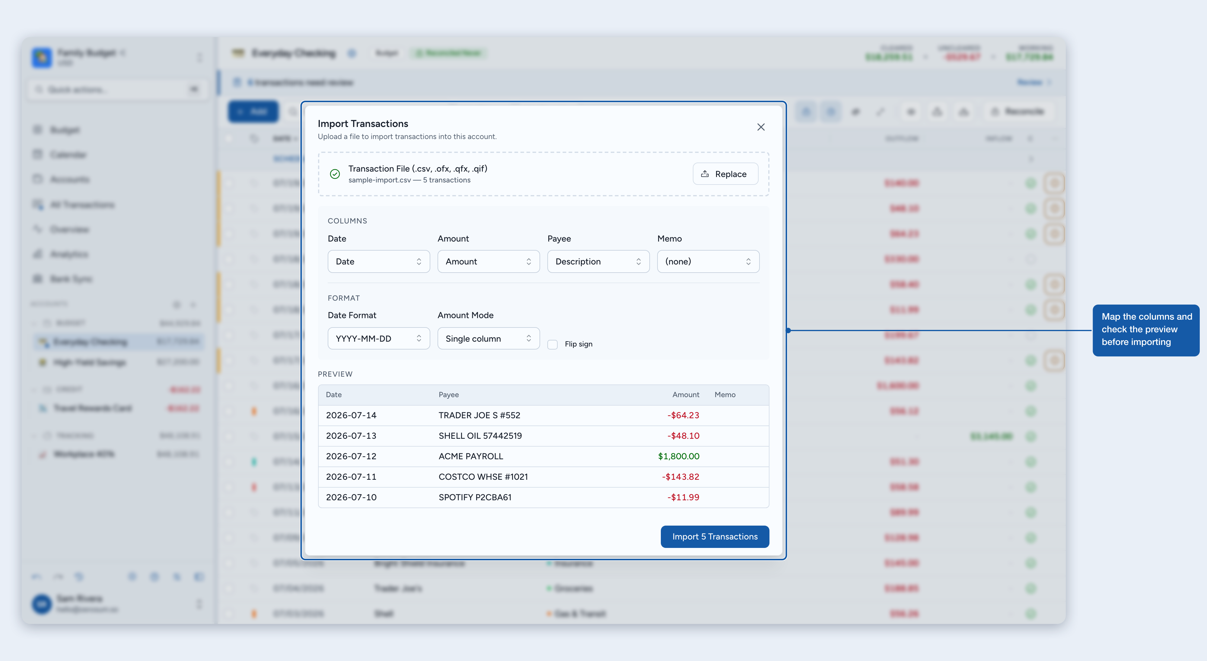 Map columns and check the preview before importing