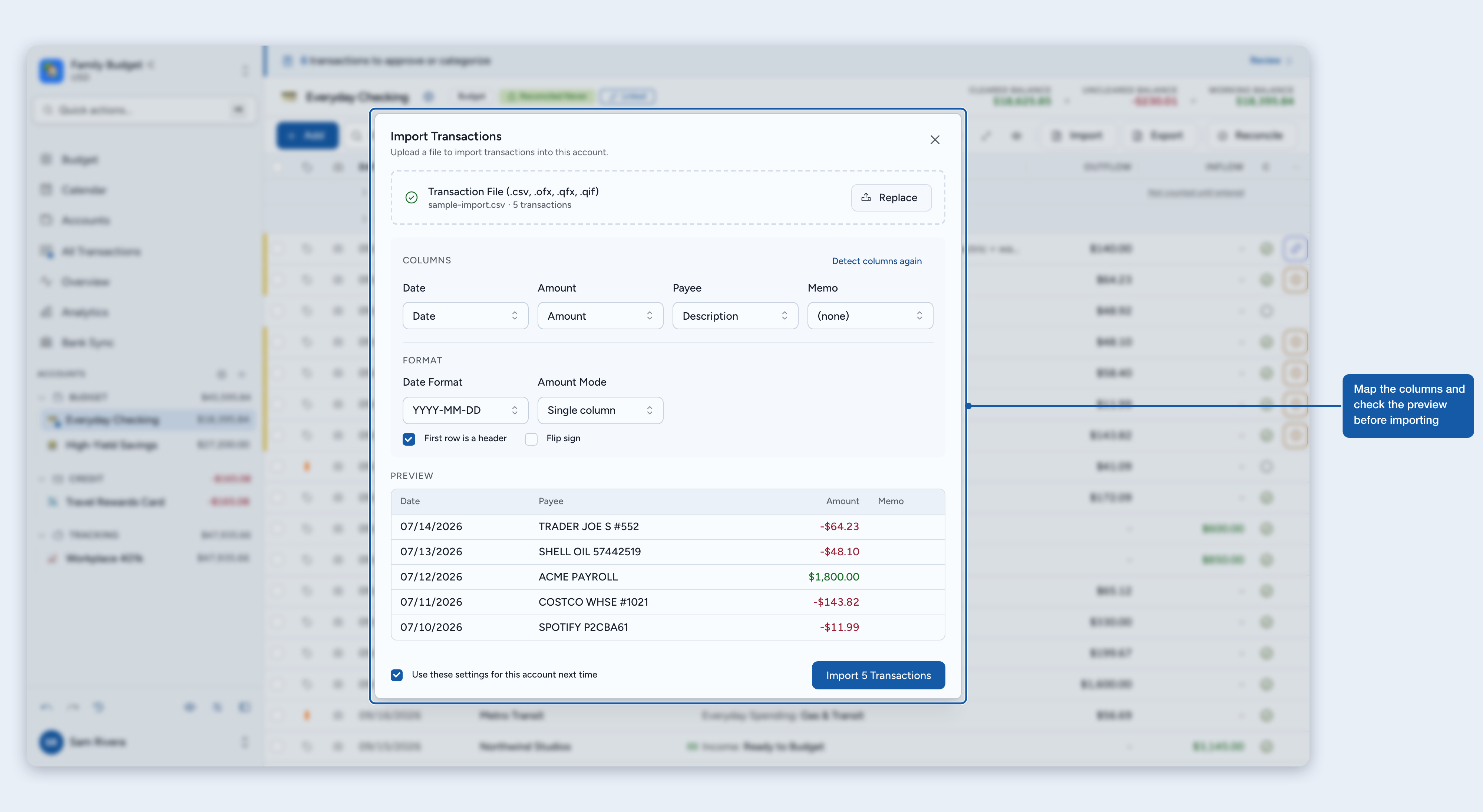 Map columns and check the preview before importing