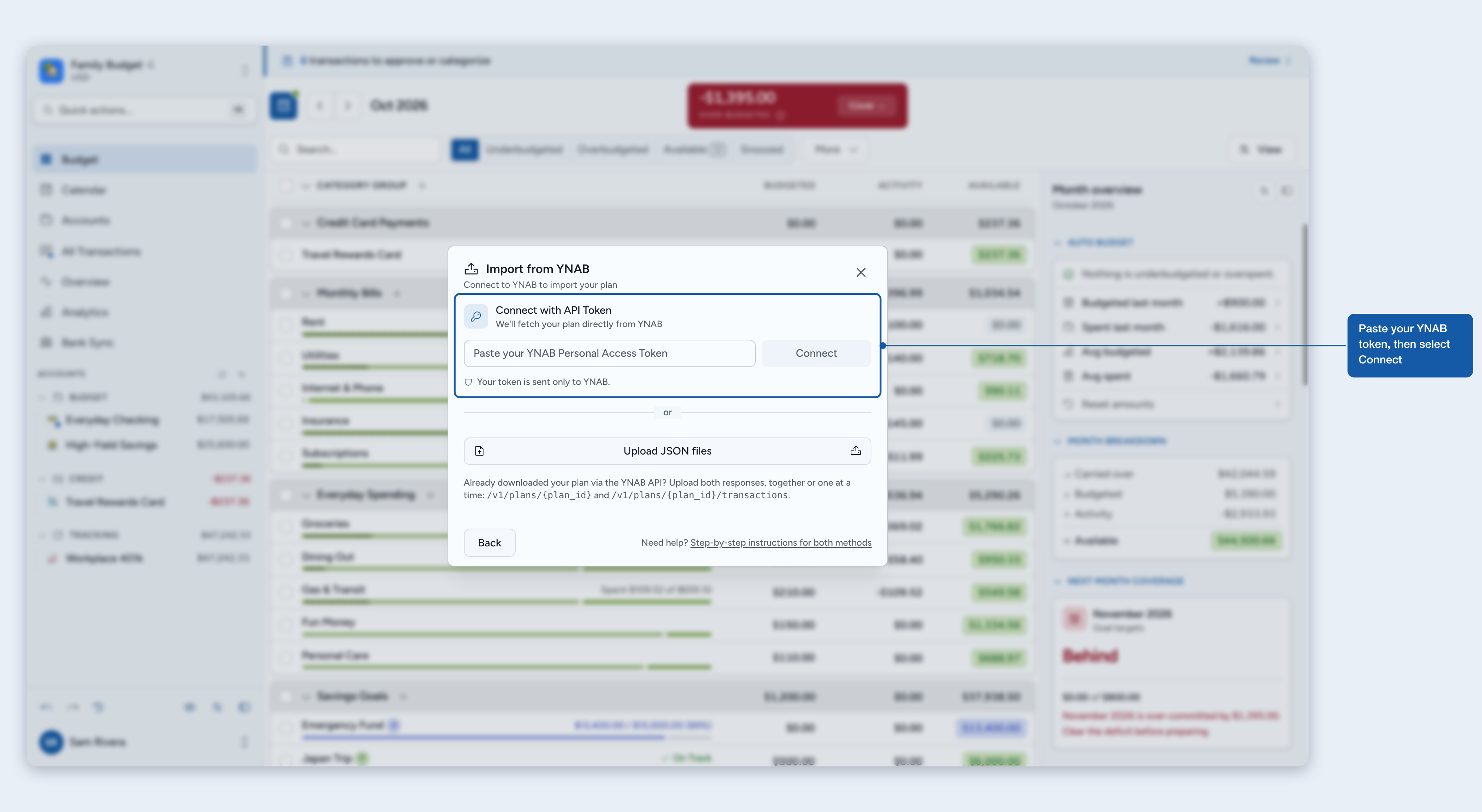 The Import from YNAB dialog with the token field and the Connect button