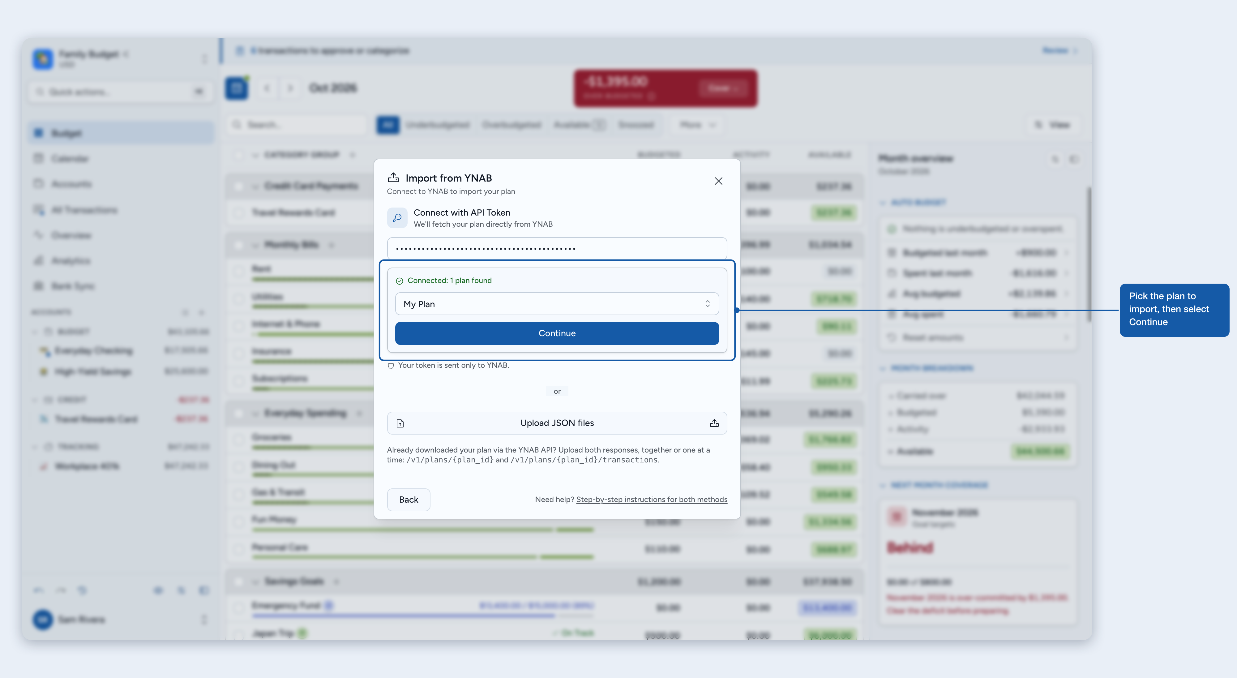 Connected to YNAB, with a plan picked and the Continue button