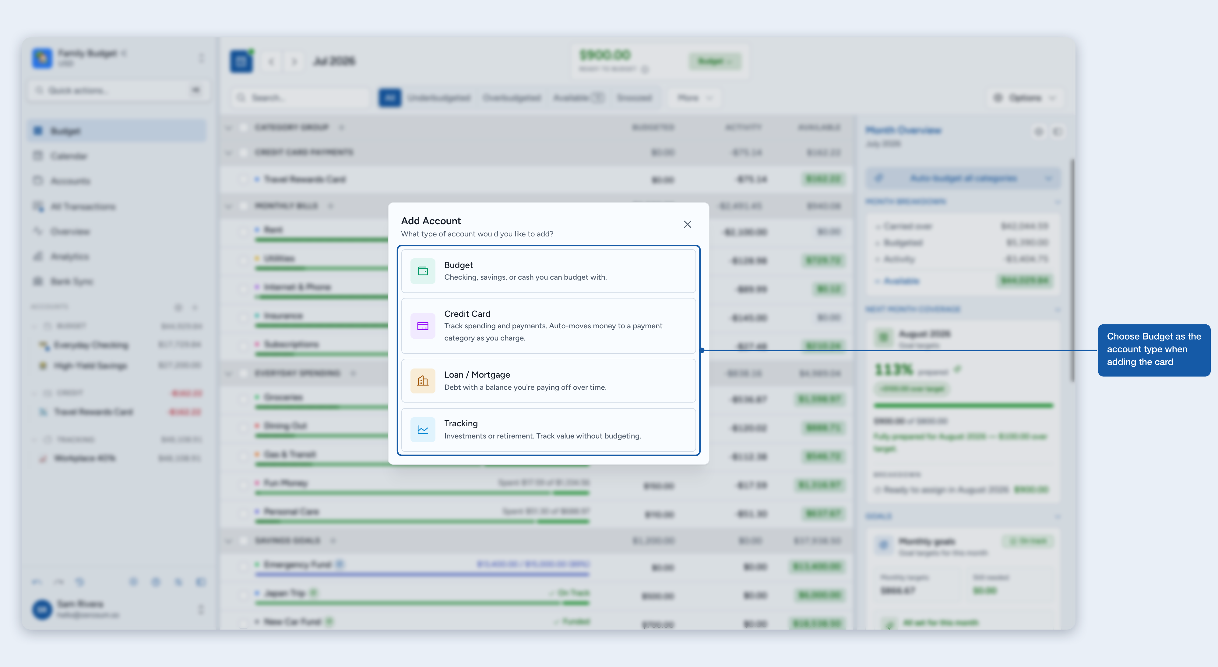 Choosing Budget as the account type when adding a card