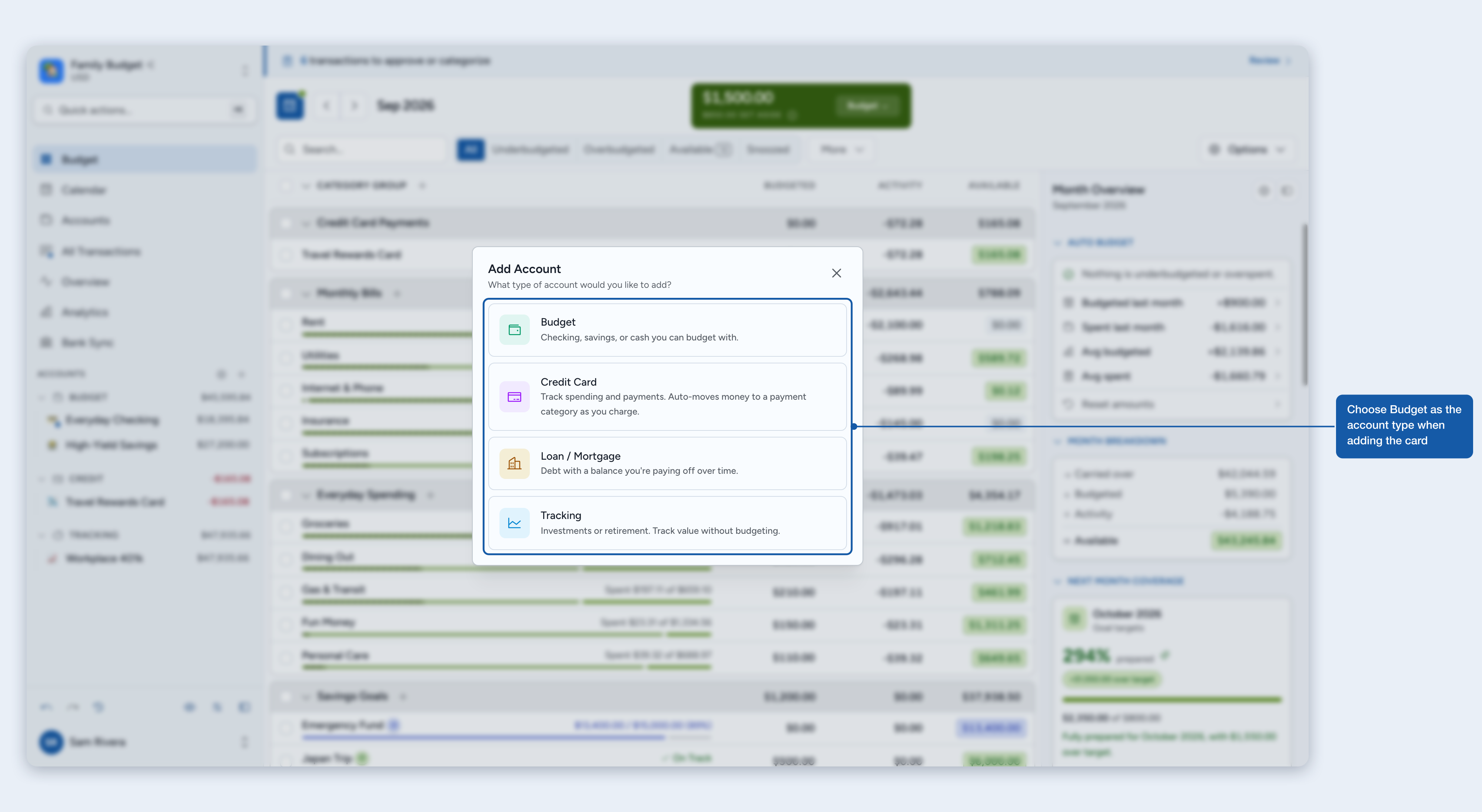 Choosing Budget as the account type when adding a card