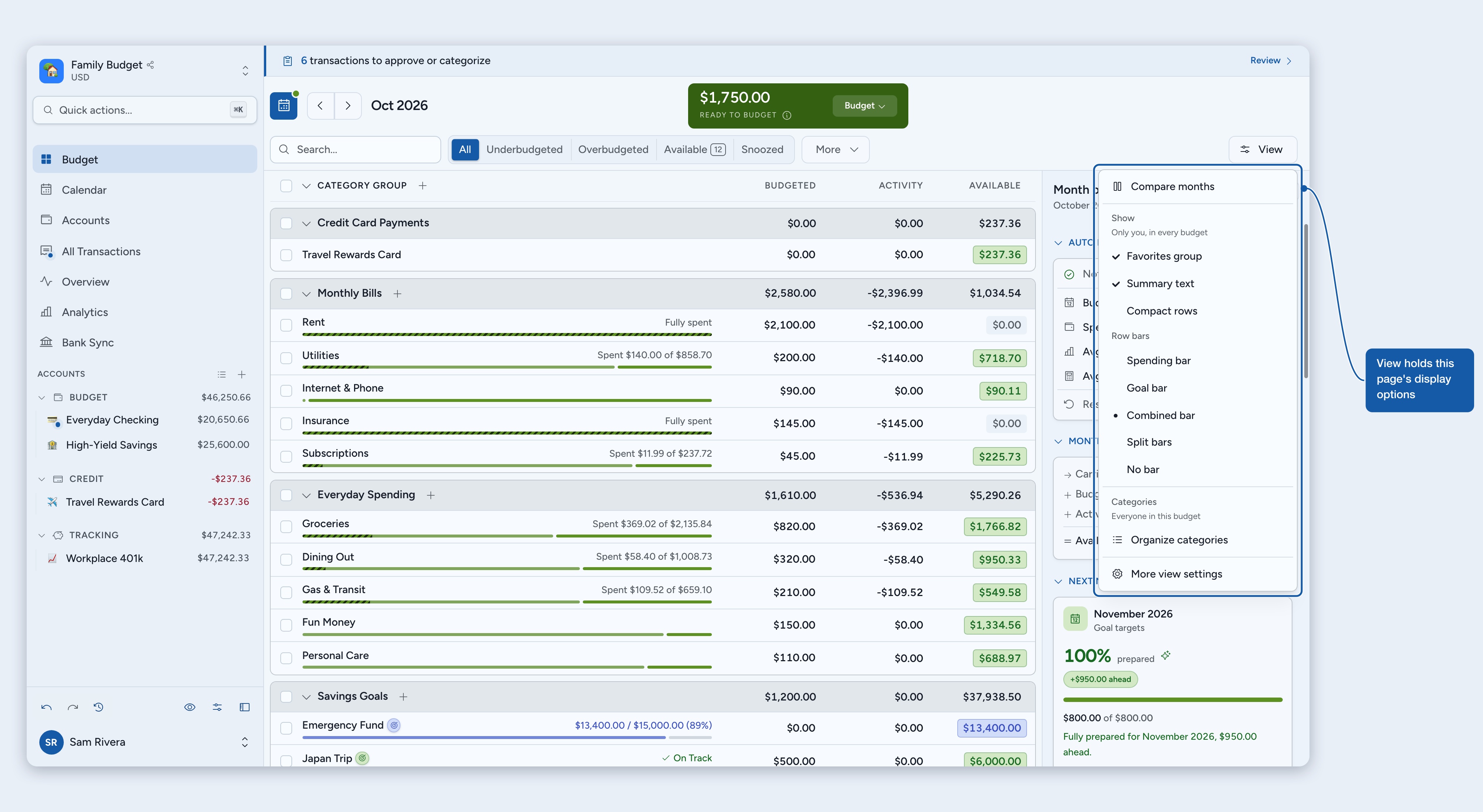 The View menu on the Budget page