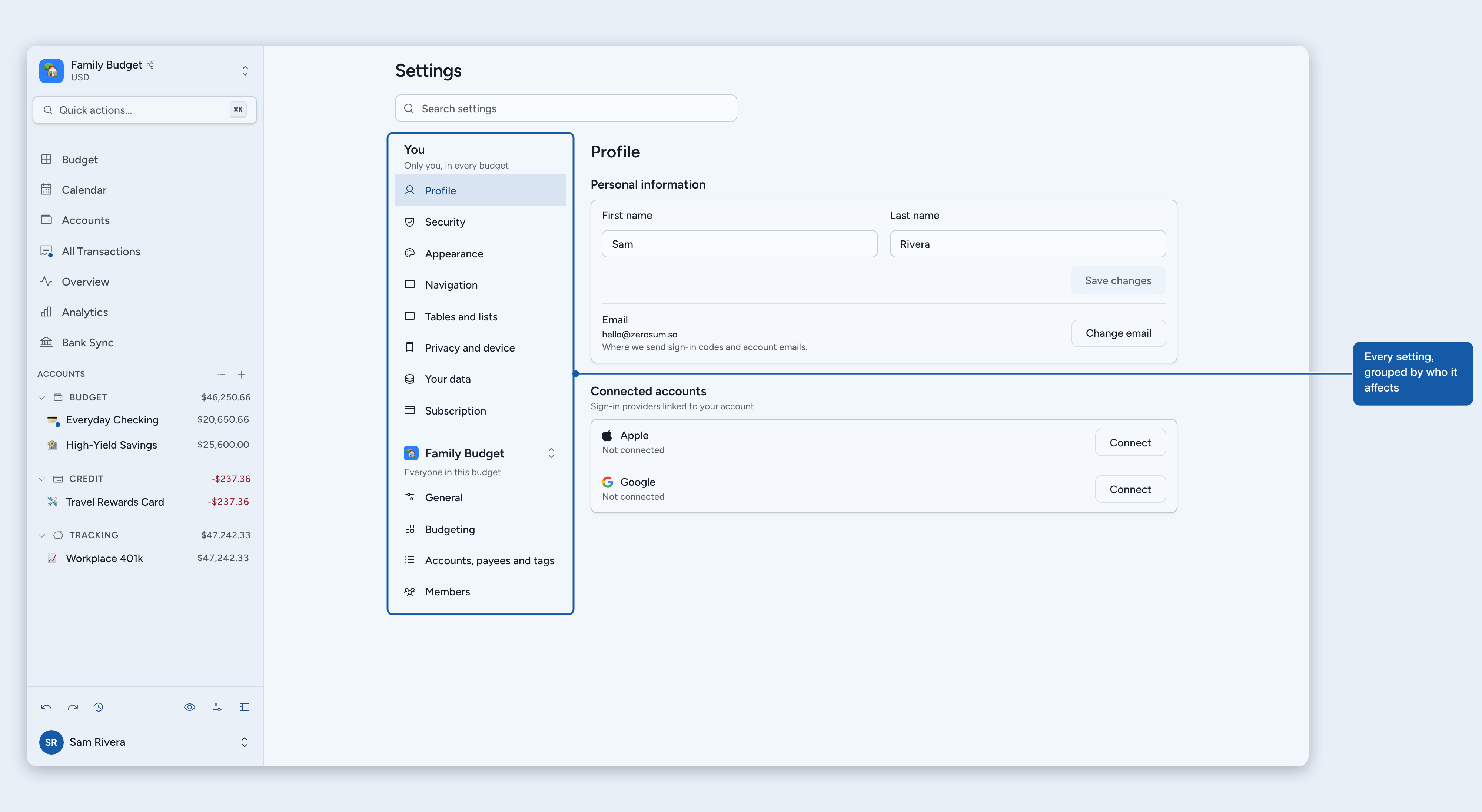 Settings with its sections grouped under You and Budget