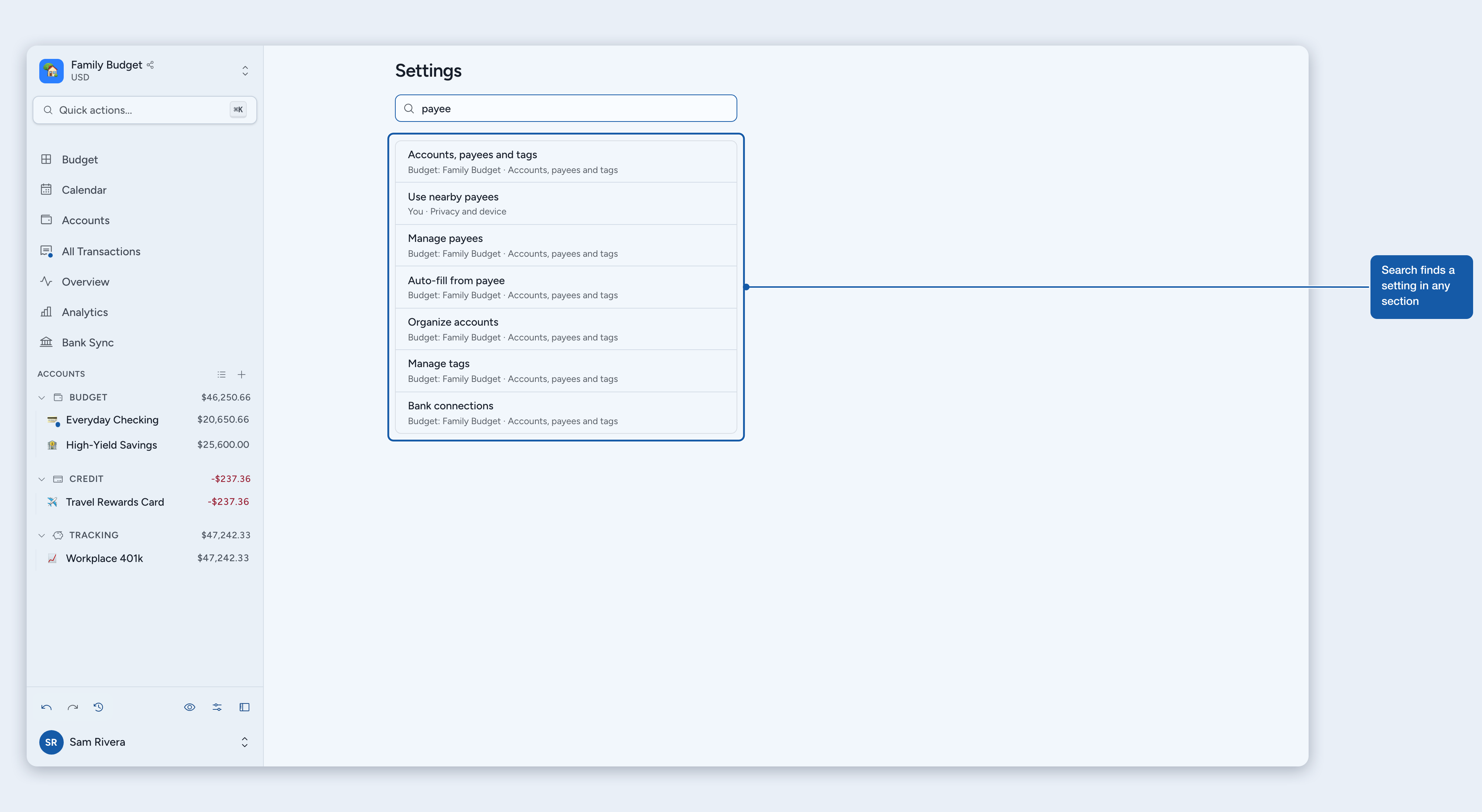 Search settings listing matches from every section