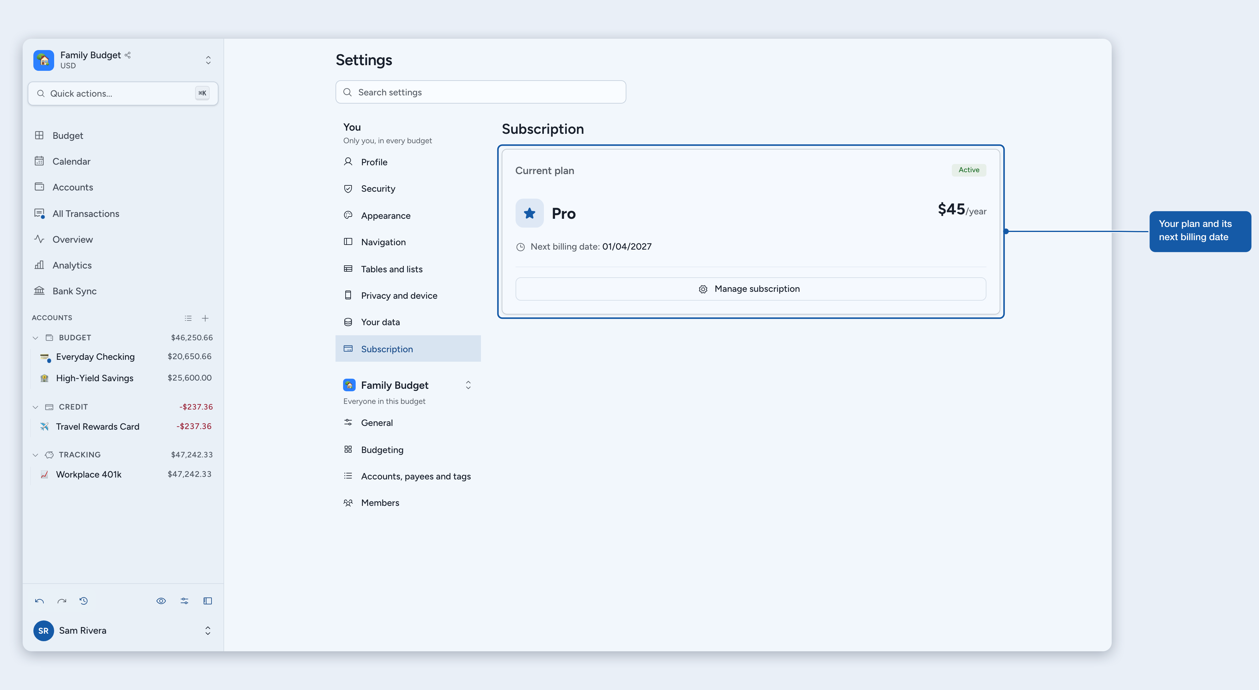 Settings, Subscription showing the current plan and Manage subscription