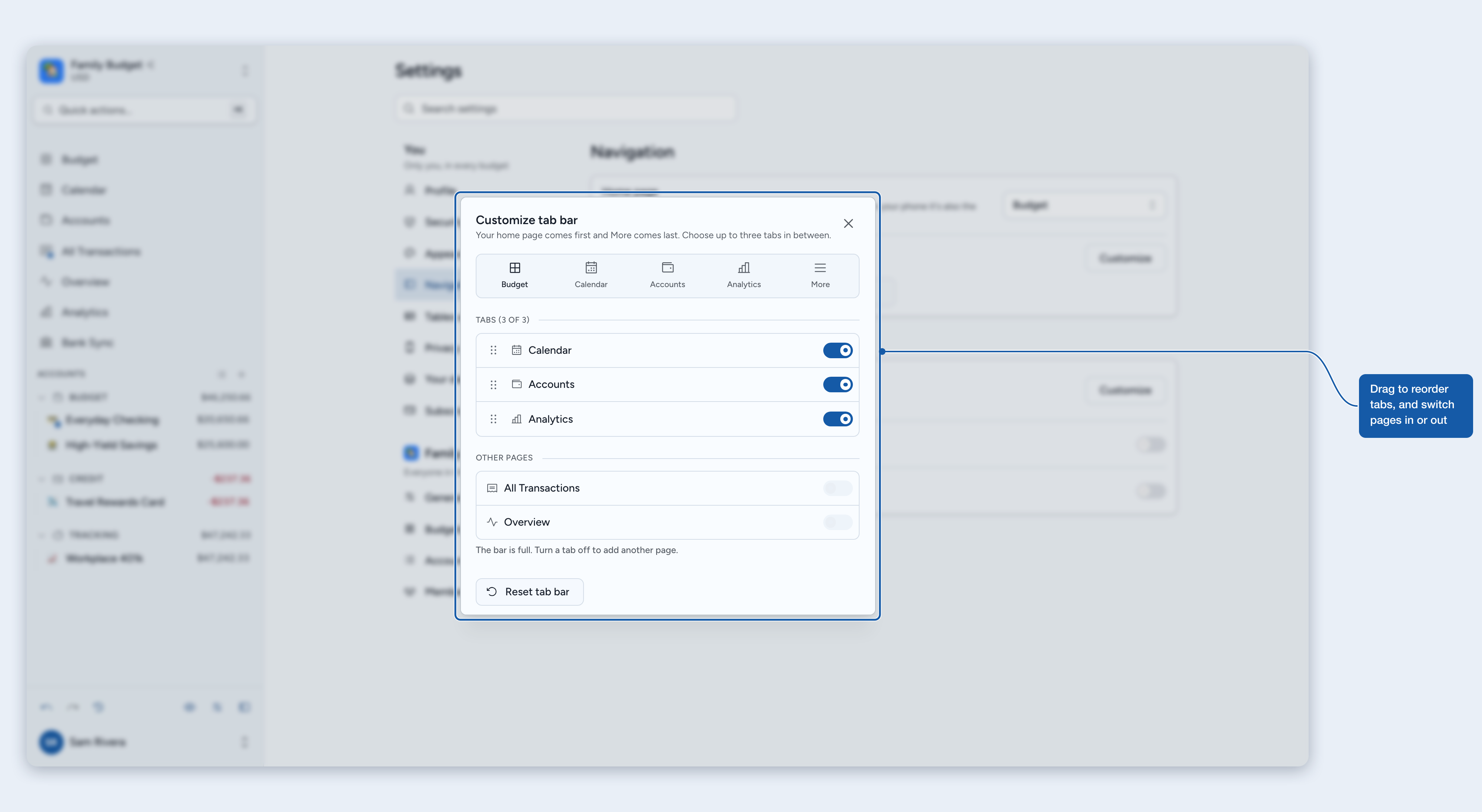 The Customize tab bar dialog with the tabs to reorder and other pages to add