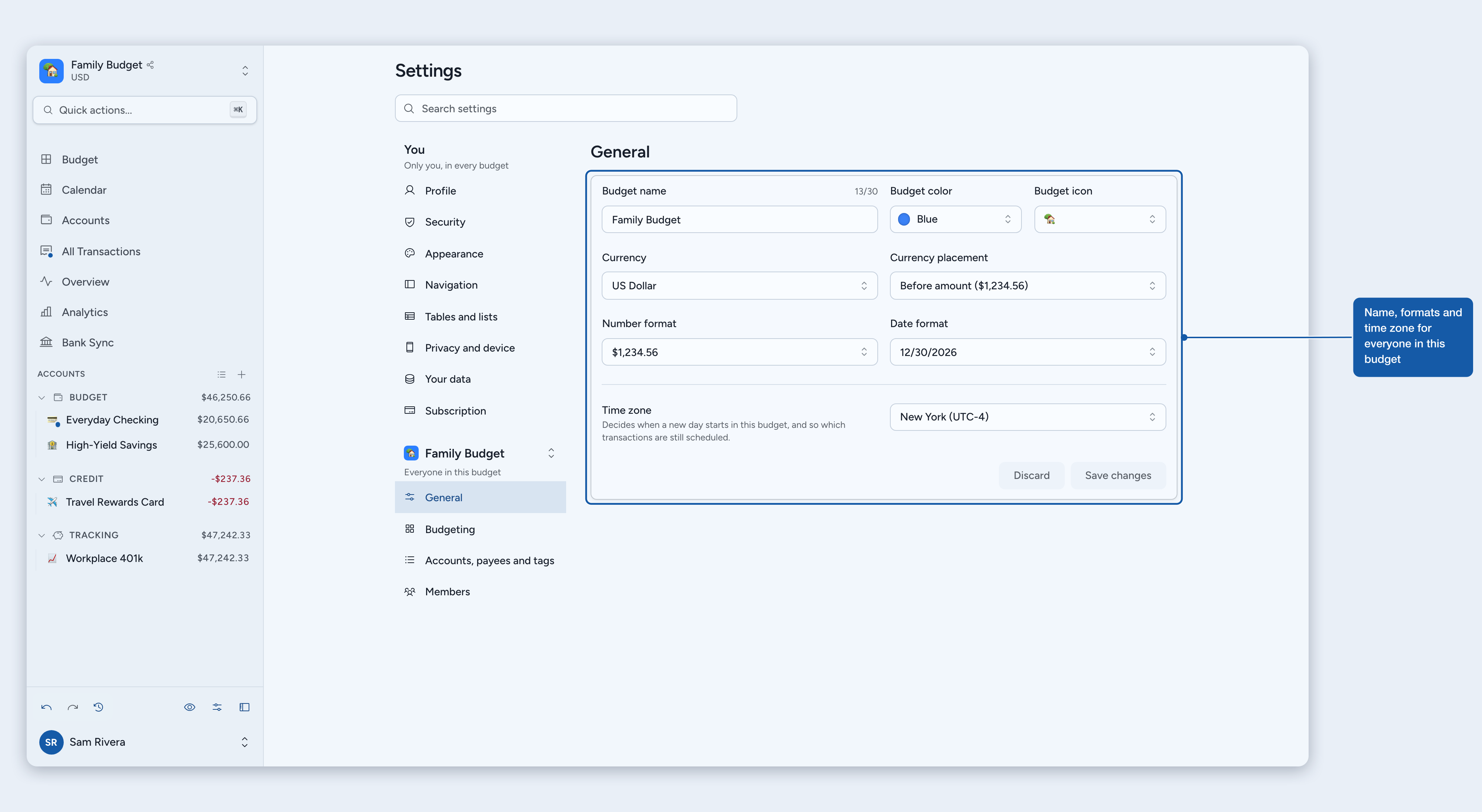 Settings, General with the budget name, formats and time zone