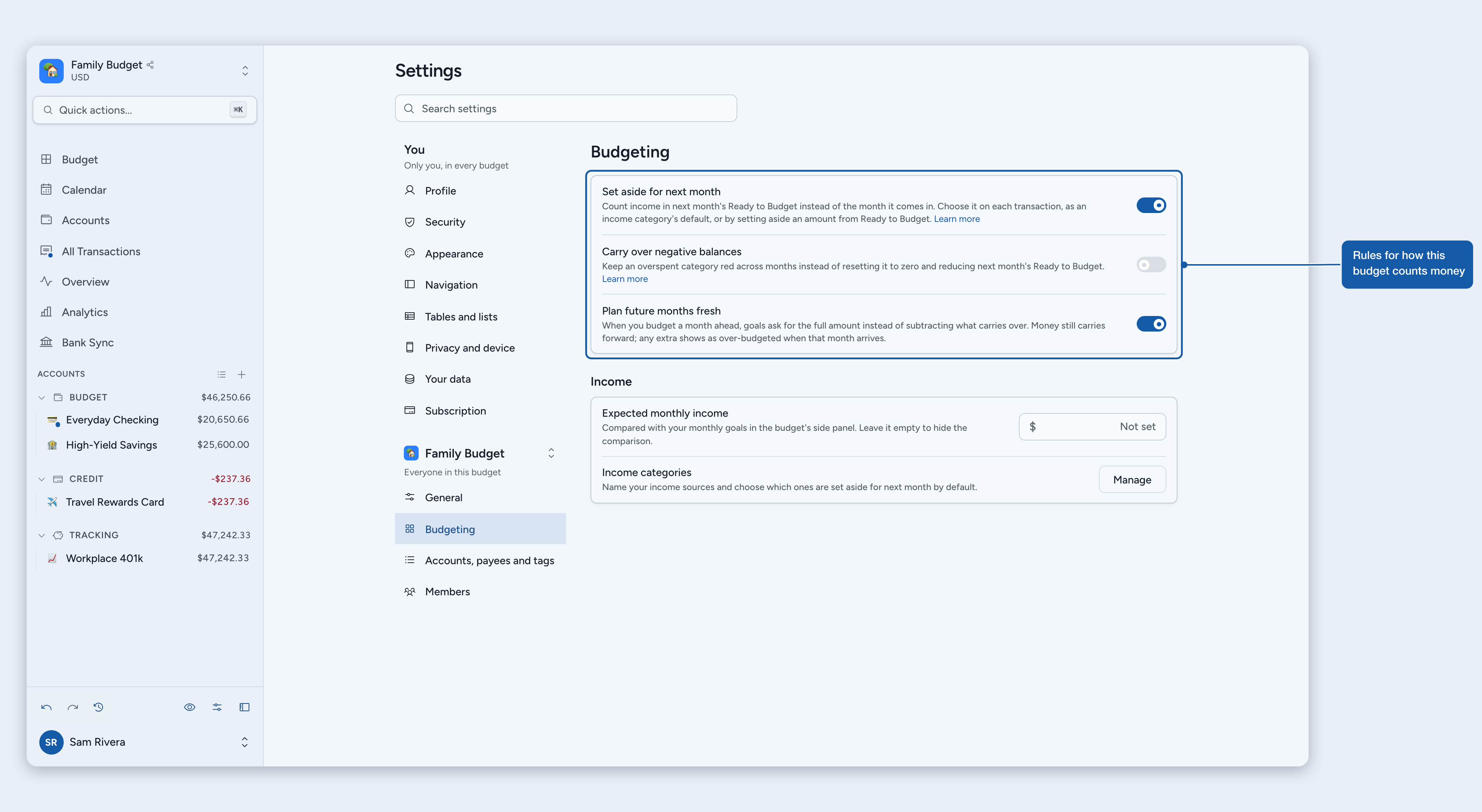 Settings, Budgeting with the budget rules and the Income card