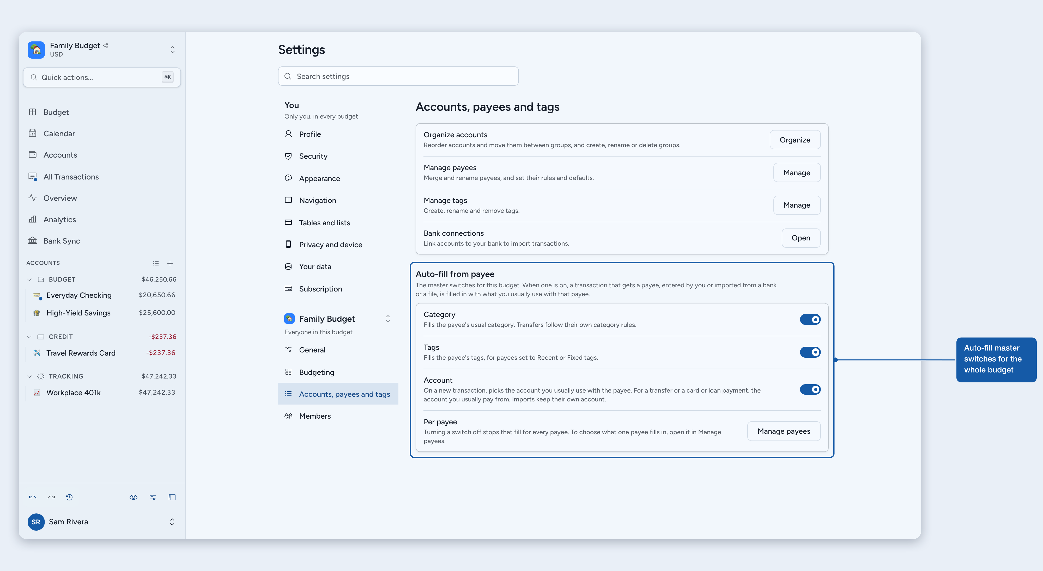The Auto-fill from payee switches in Settings, Accounts, payees and tags