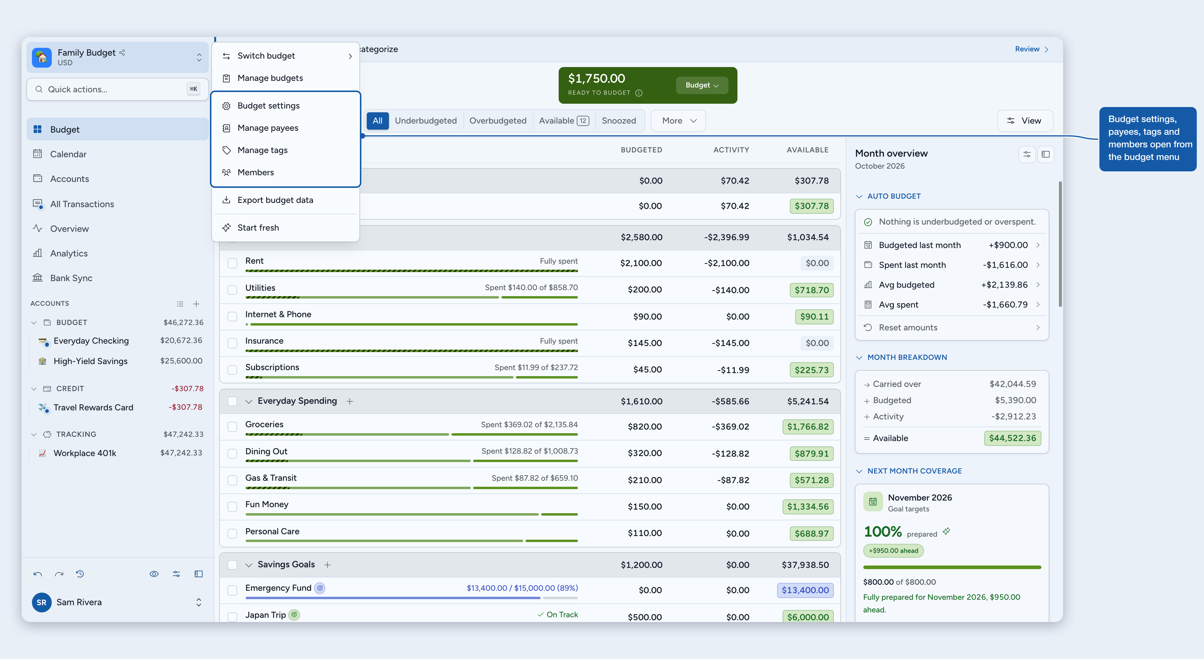 The budget menu with Budget settings, Manage payees, Manage tags and Members