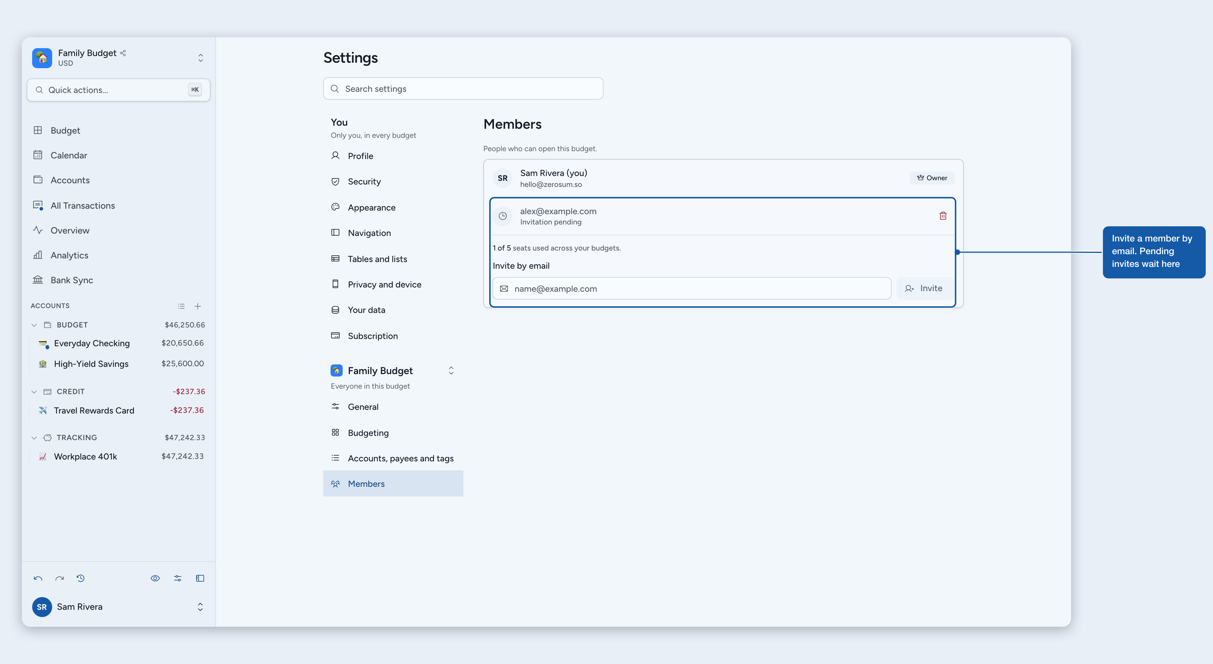 The Members section in Settings, with a pending invitation, the seat count, and the Invite by email field