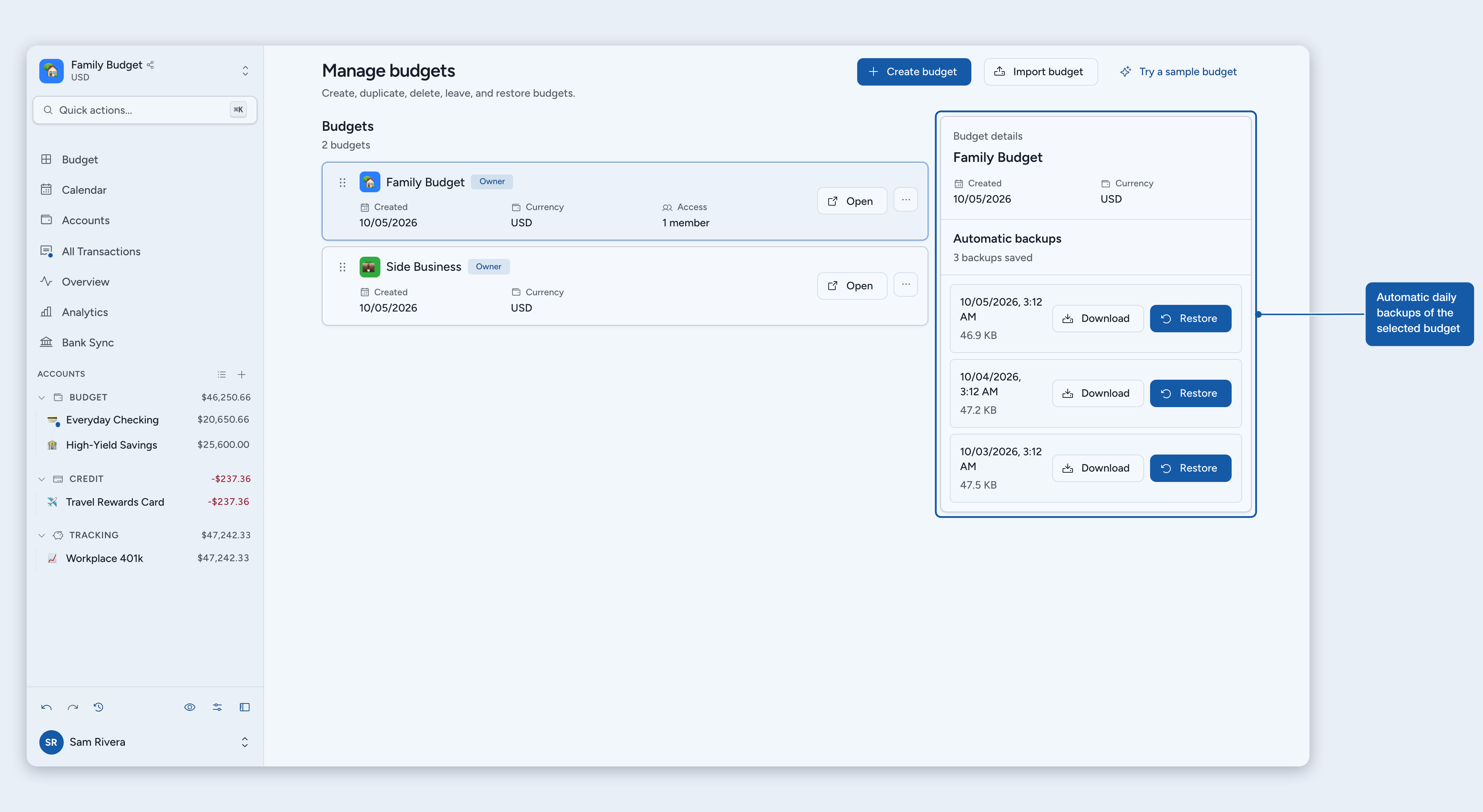 The Manage budgets page with an owned budget selected and its automatic backups listed, each with Download and Restore
