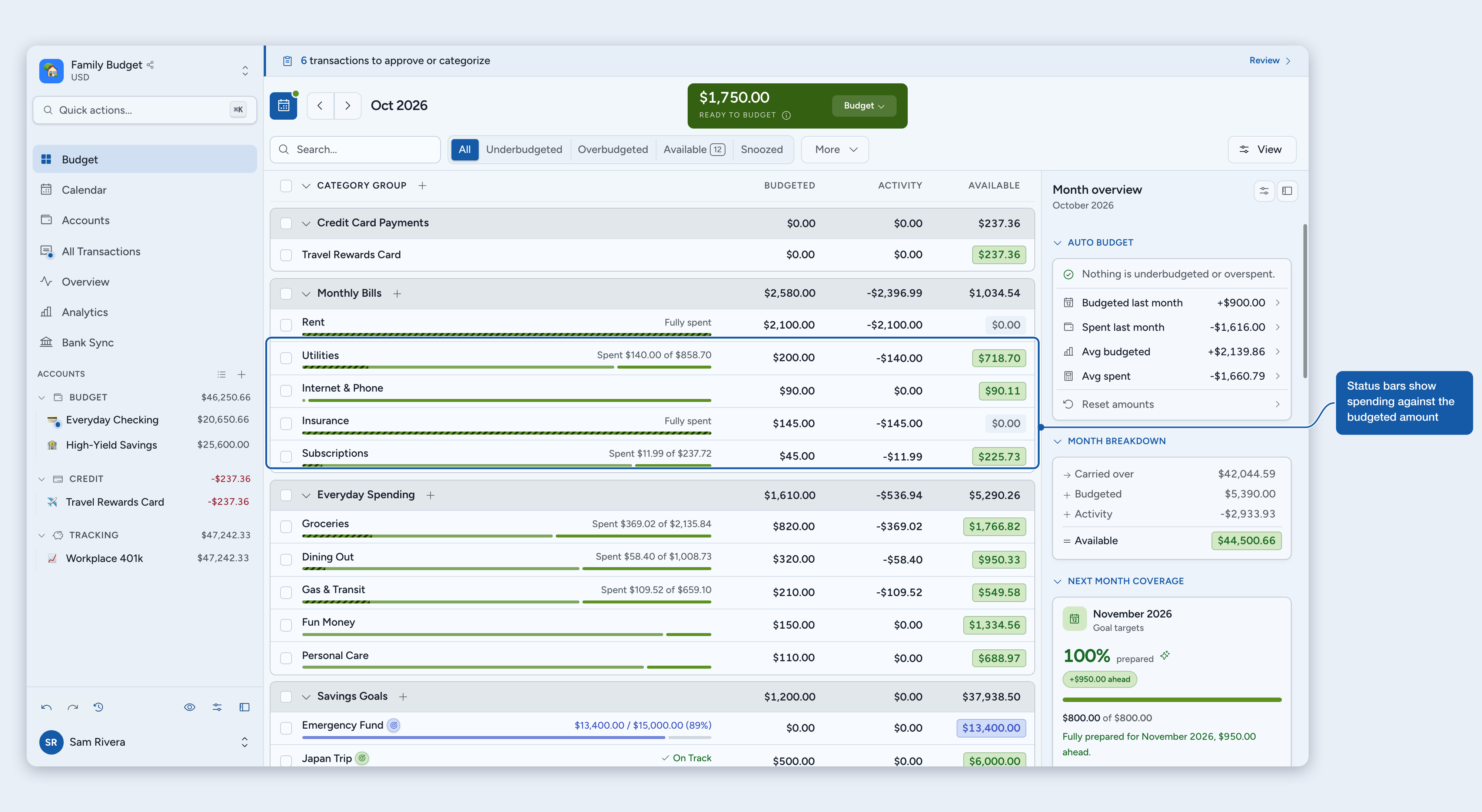 Category rows showing status bars in the budget table