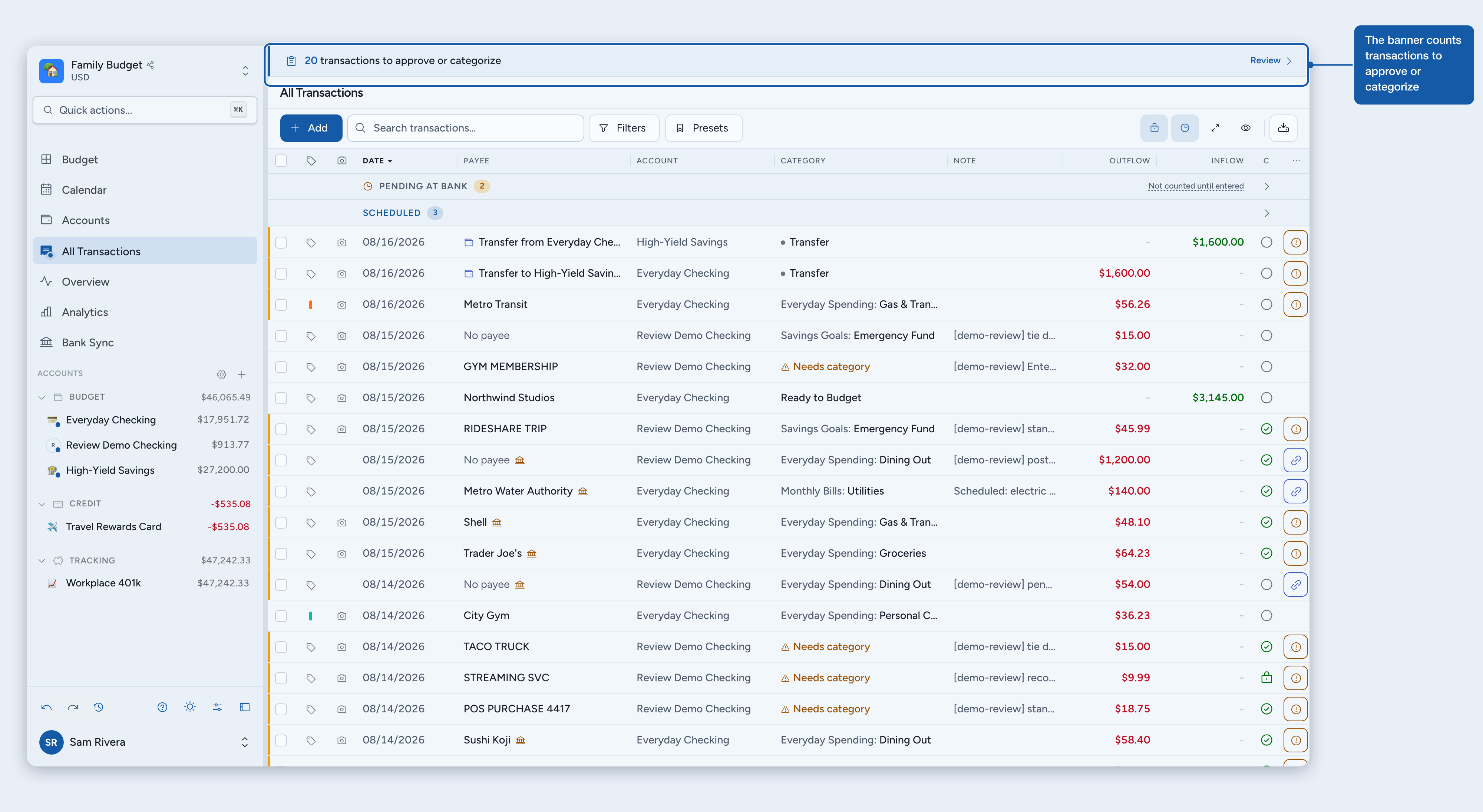 The review banner at the top of every budget page counting transactions to approve or categorize