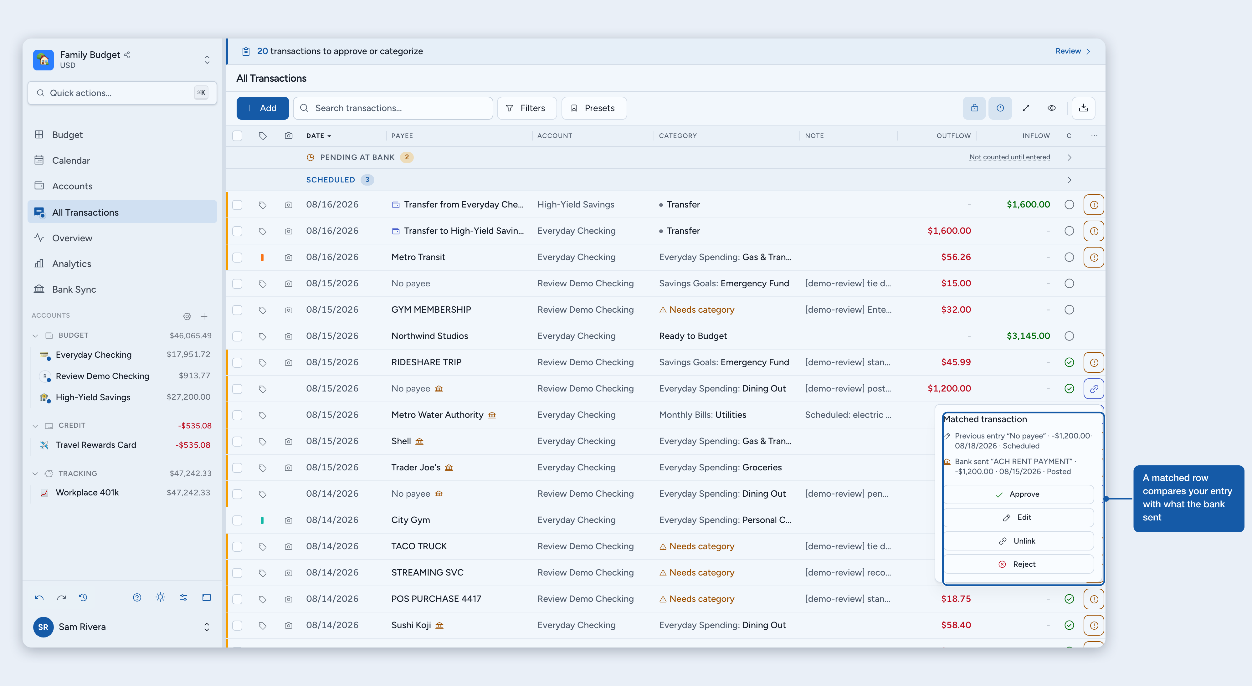 A matched in-review row's Matched transaction popover comparing Previous entry with Bank sent