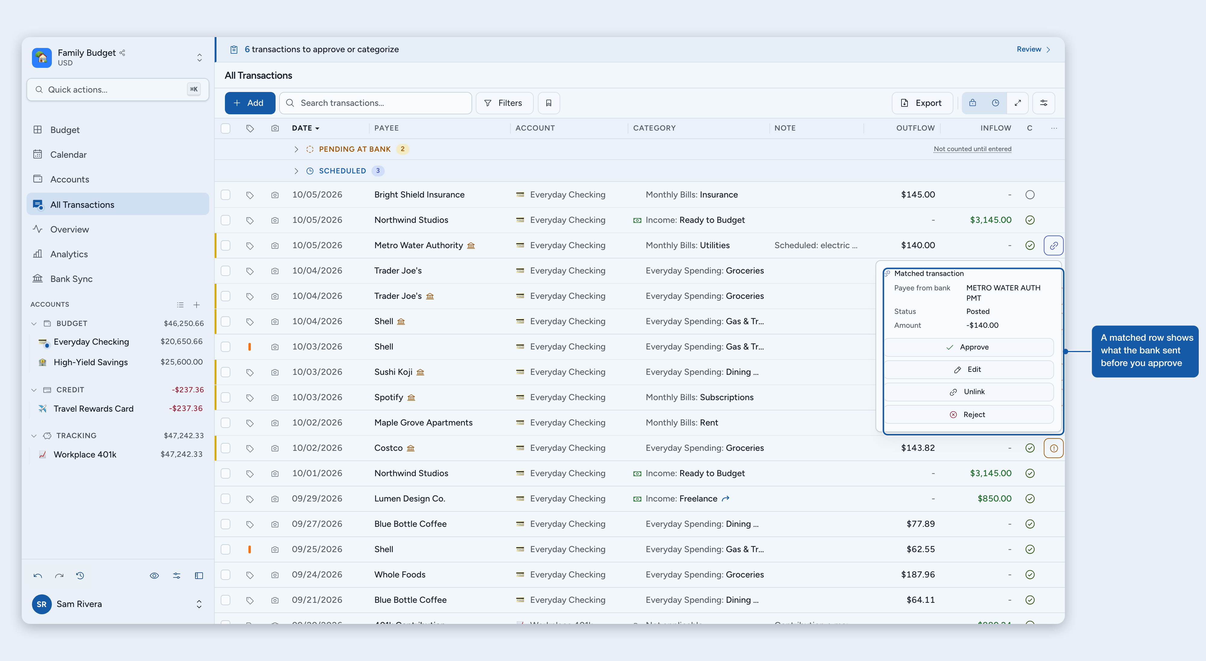 A matched in-review row's Matched transaction popover showing what the bank sent