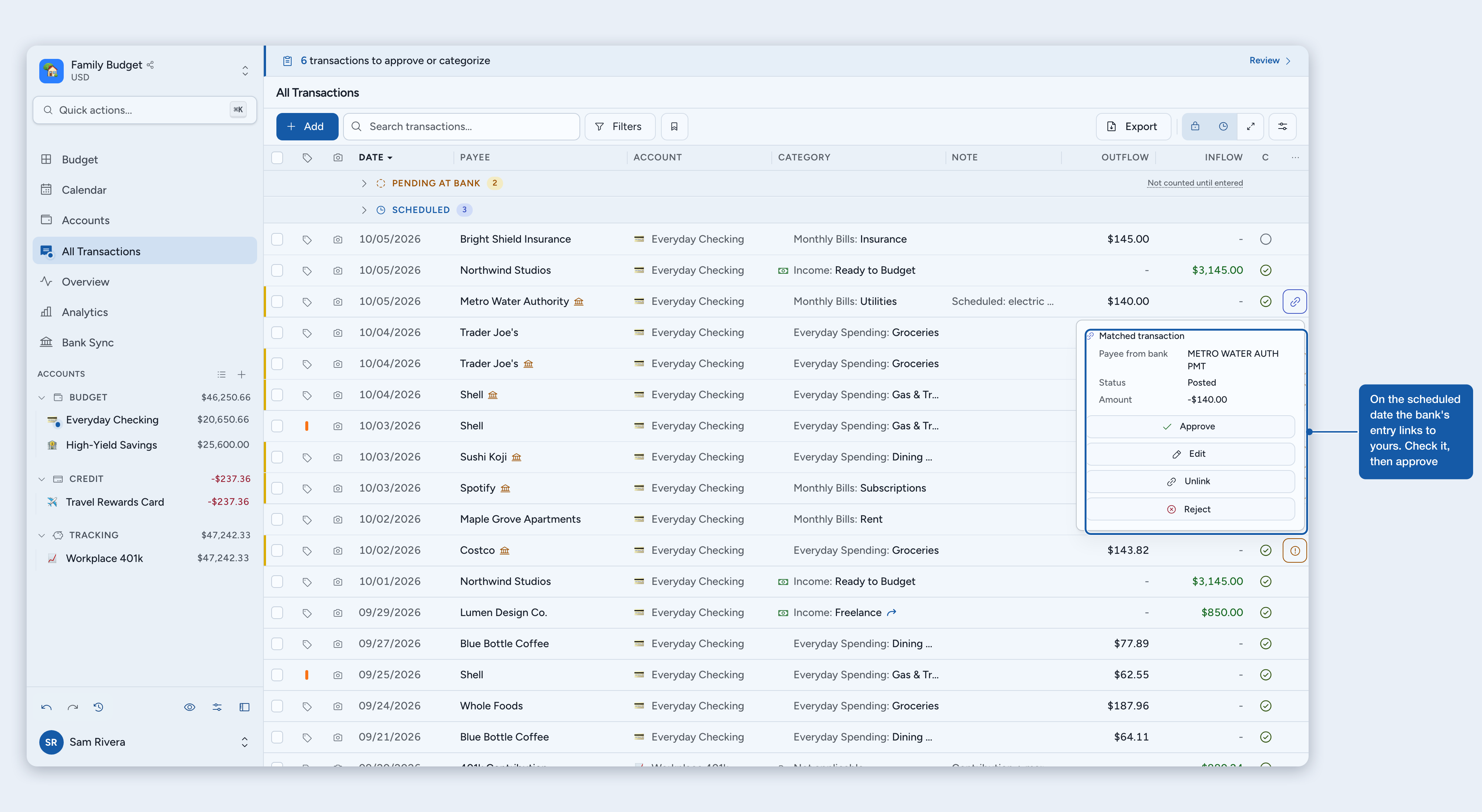 A scheduled entry matched to the bank's early transaction, with the link popover showing what the bank sent