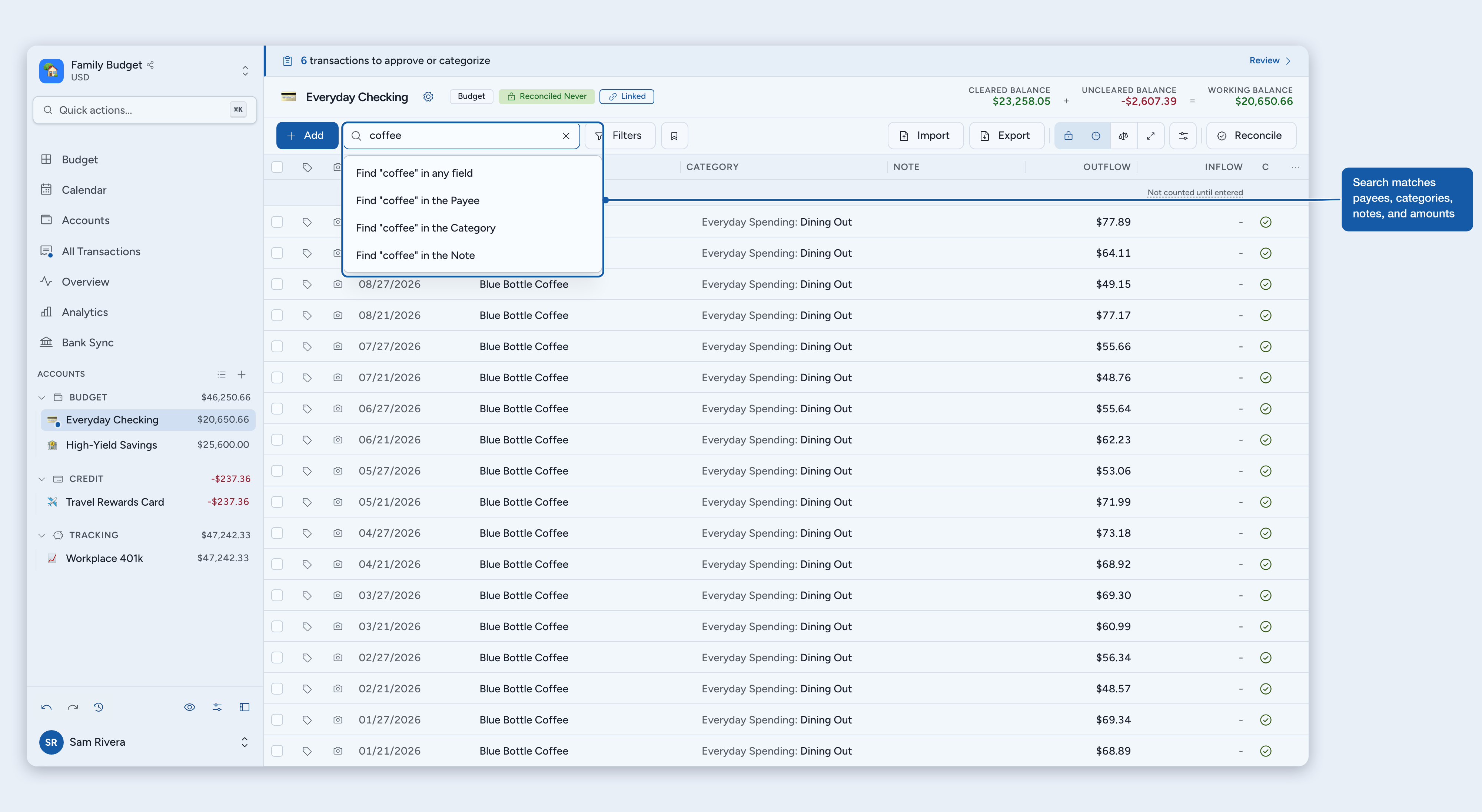 Searching transactions for coffee, with suggestions to search one field
