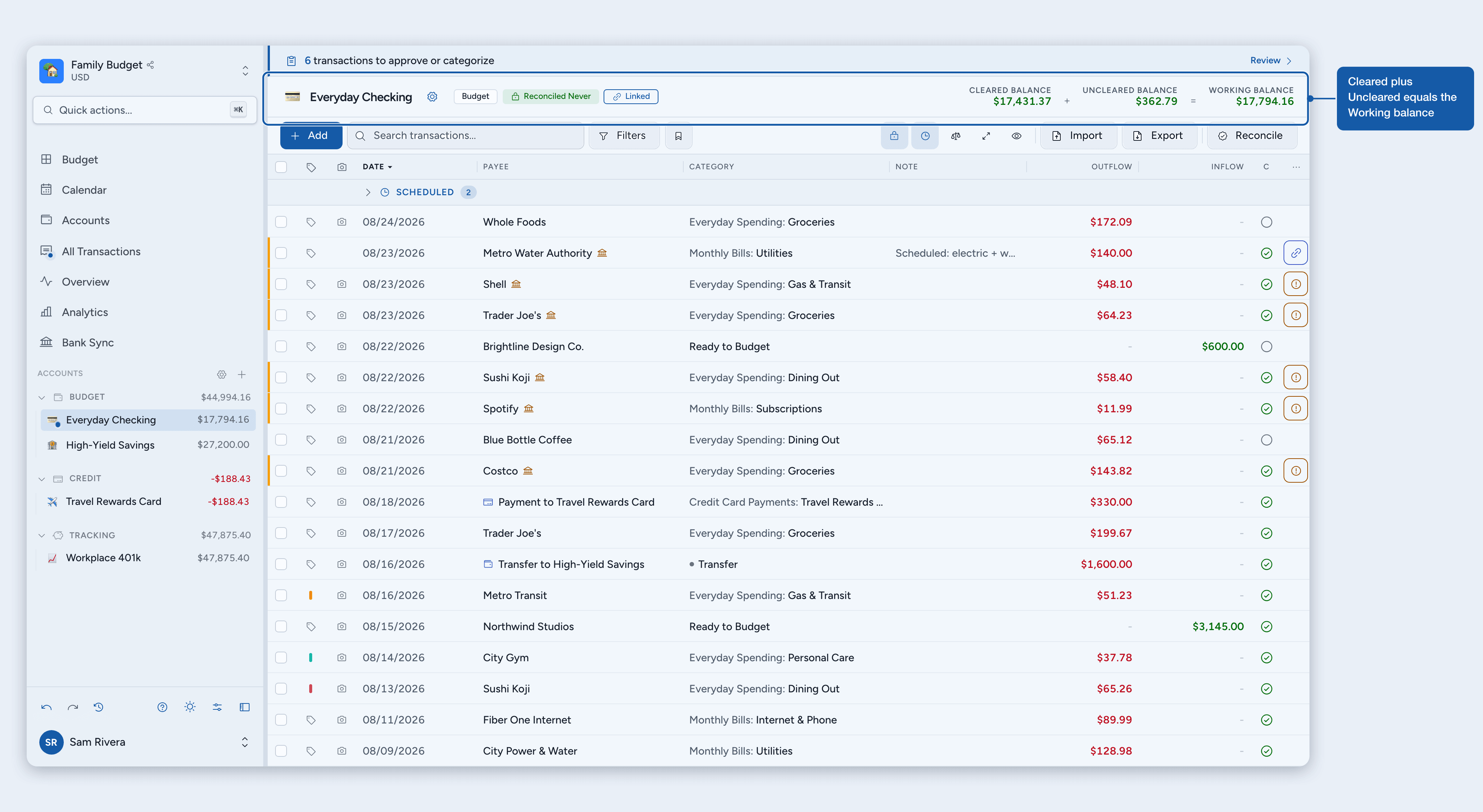 The account header adding Cleared and Uncleared into the Working balance