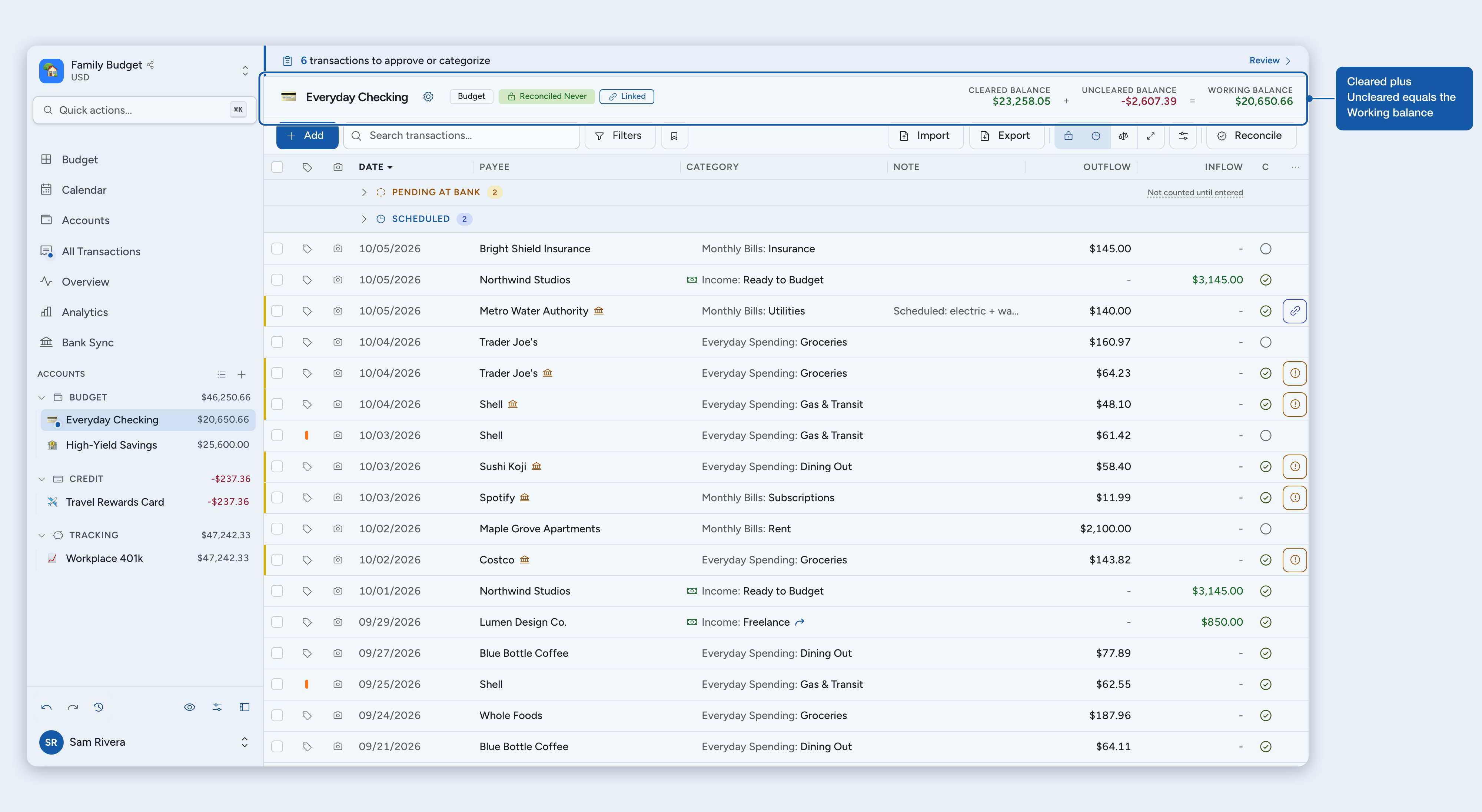 The account header adding Cleared and Uncleared into the Working balance