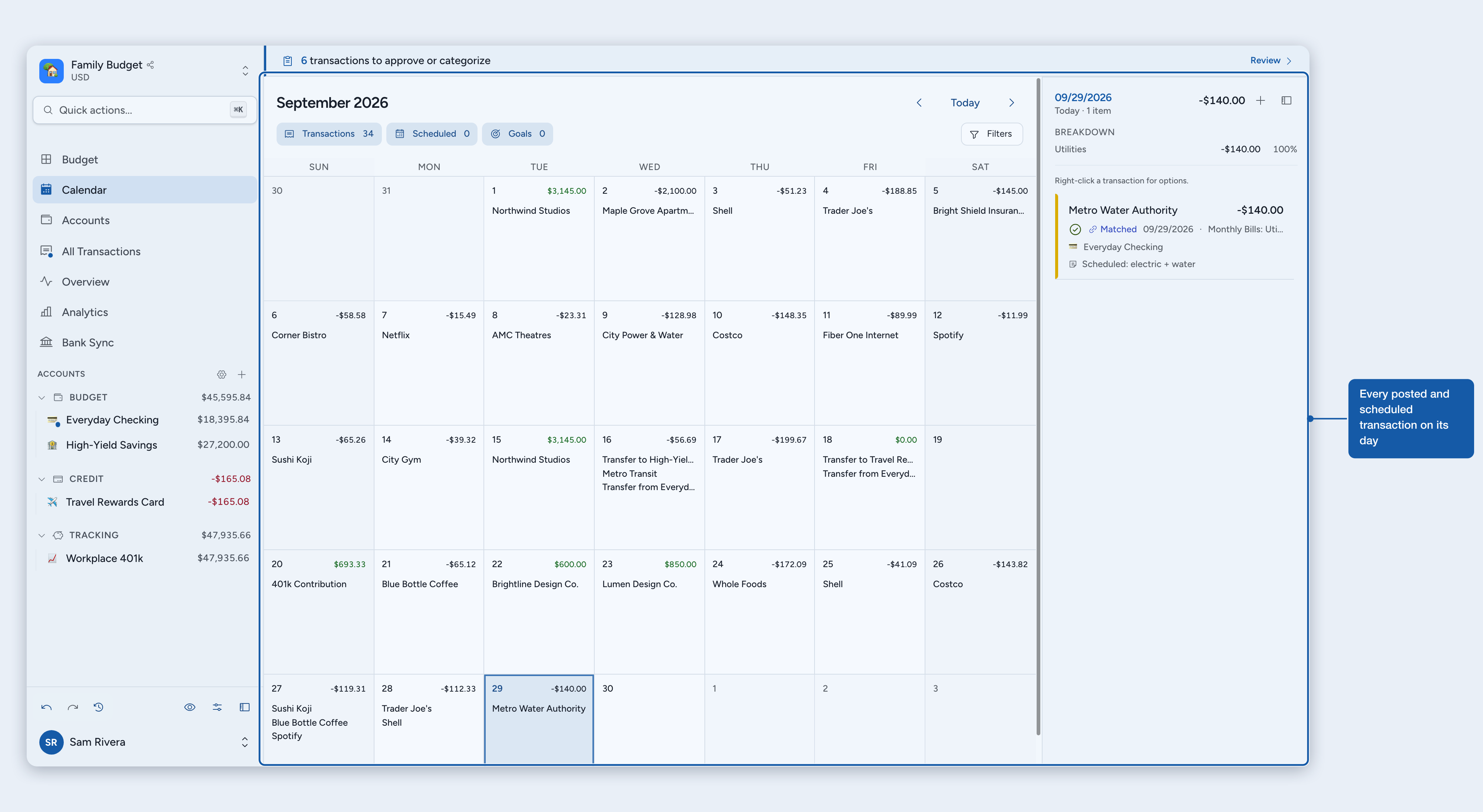 The calendar showing each day's transactions with a day breakdown panel